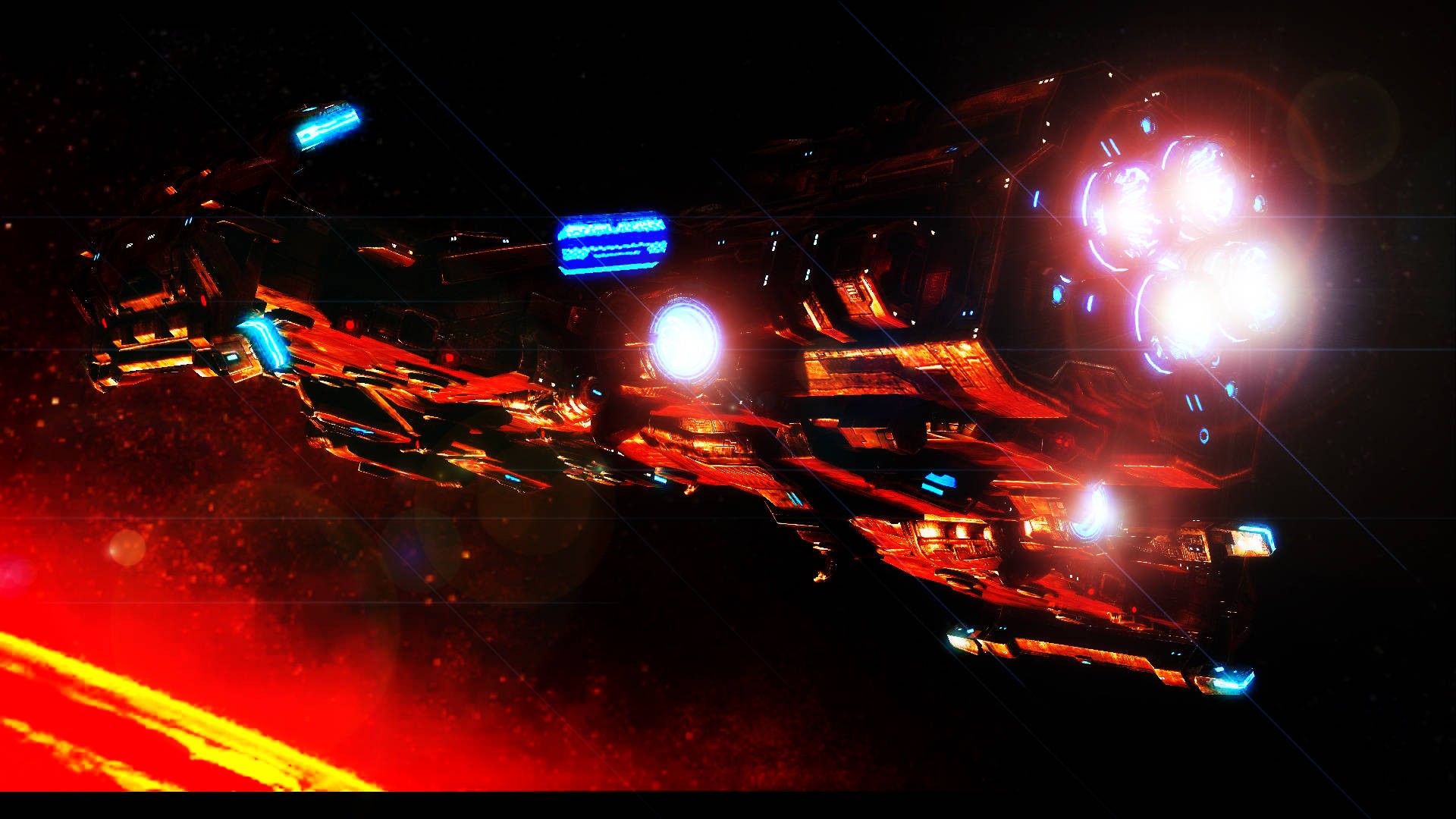 Starcraft 2 桌布 壁紙 — 一艘未來風格的太空船，帶著發光的紅藍光條，在黑暗的星場背景下穿過熾熱的宇宙星雲。