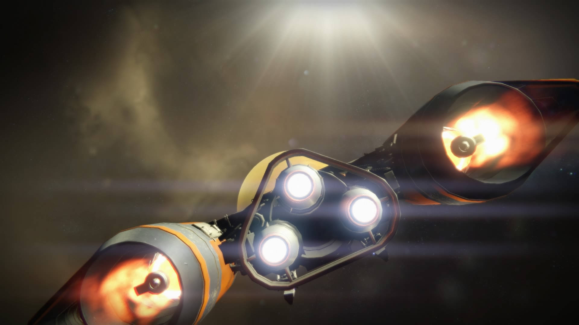 destiny 4K 桌布 壁紙 — 一艘未來風格的太空船，配備發光的引擎和明亮的車頭燈，在沐浴著金色光芒的宇宙星雲中疾馳。