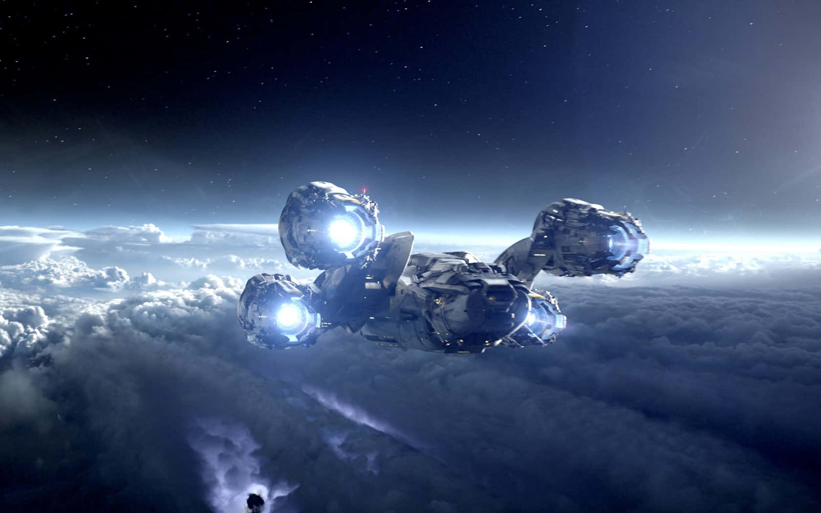 Spacecraft 桌布 壁紙 — 一艘未來風格的太空船，配備發光的引擎，在星空下飛越行星的雲層。