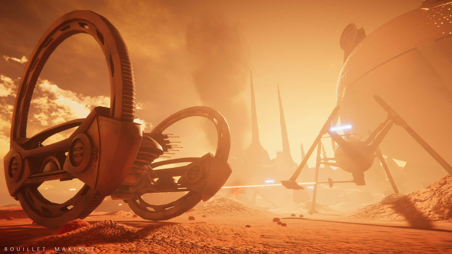 The Battle Of Geonosis 桌布 壁紙 — 一艘未來風格的太空船停泊在塵土飛揚的外星行星上，天空泛著橙色光芒，遠處有尖塔。
