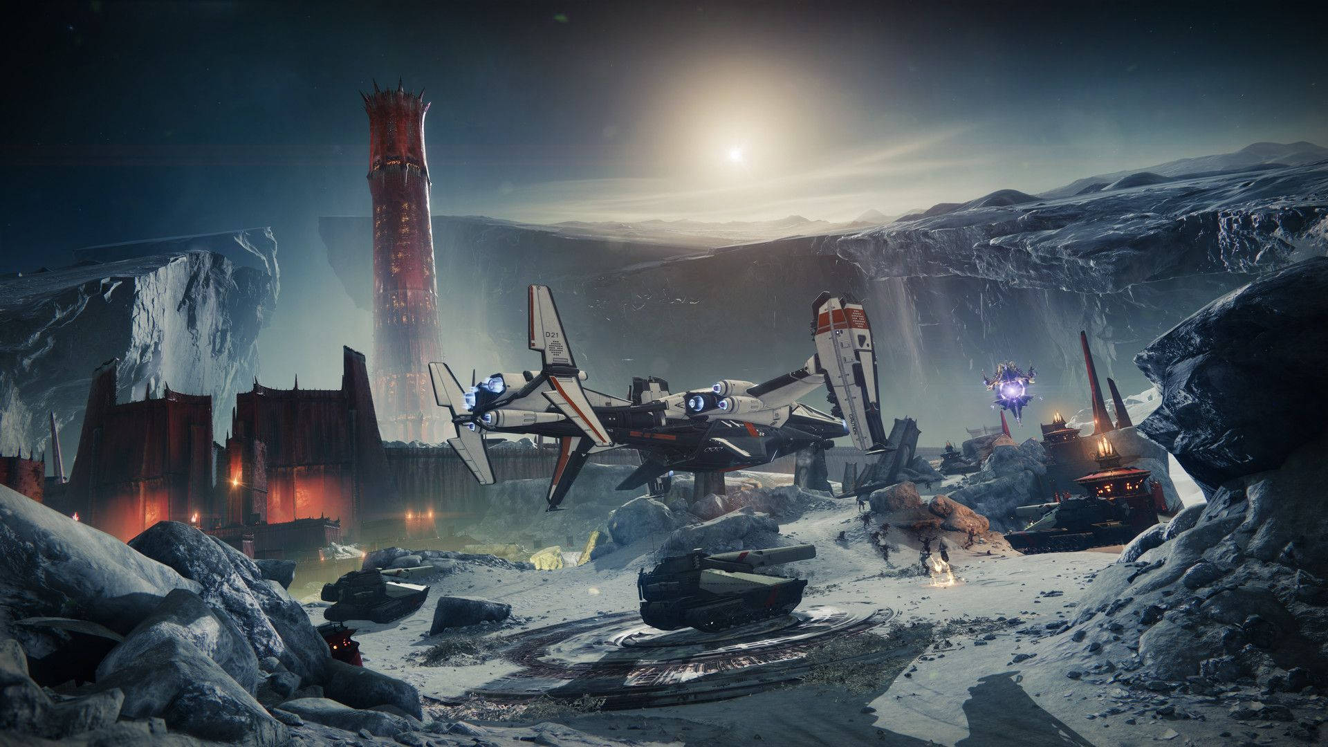destiny 2 shadowkeep 桌布 壁紙 — 一艘未來風格的太空船停泊在雪地外星景觀上，遠方有發光的太陽和高聳的紅色結構。