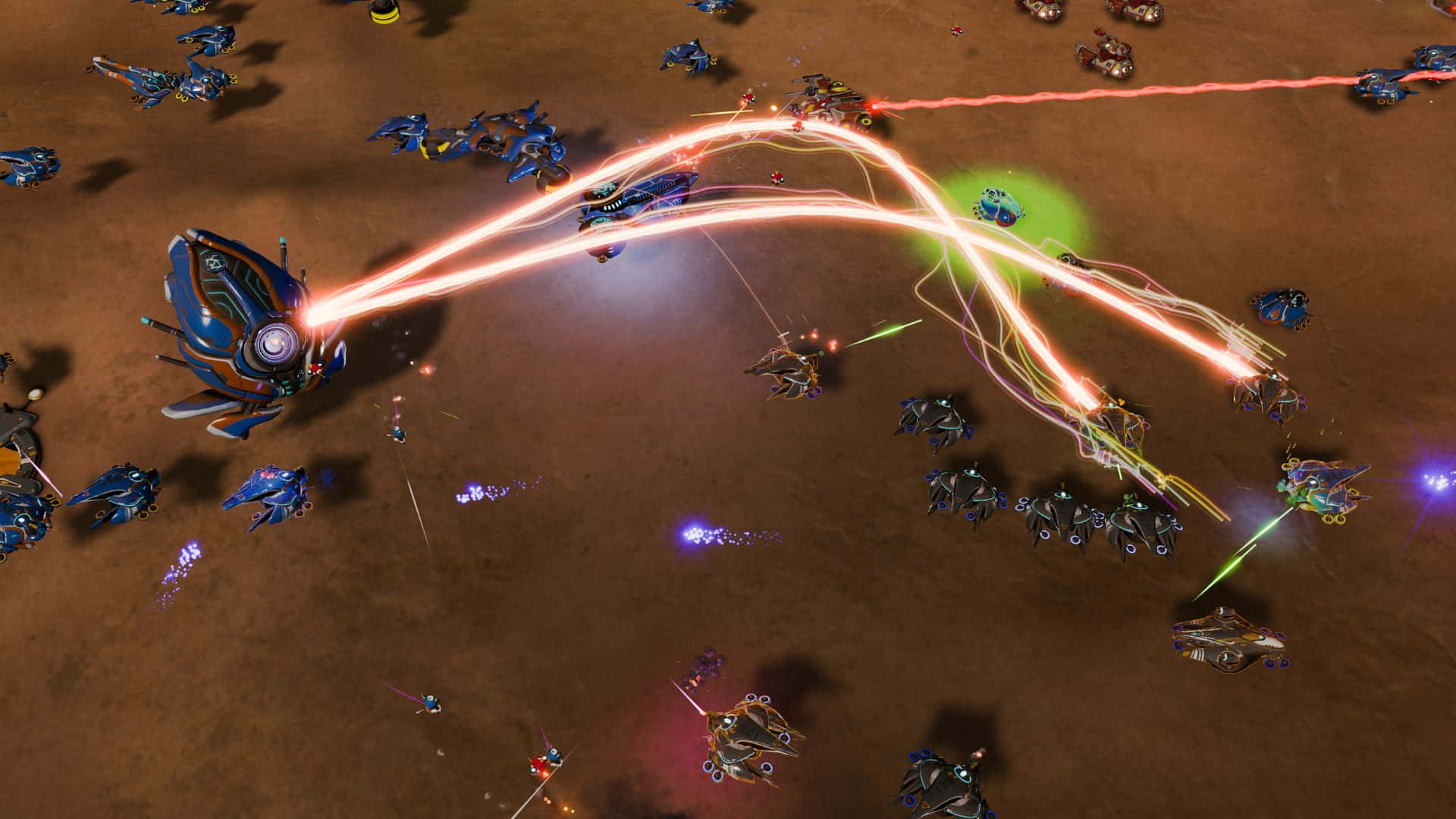 1920x1080 Ashes Of The Singularity 桌布 壁紙 — 一艘未來風格的太空船在佈滿小型戰鬥單位的荒蕪戰場上釋放出熾熱的橙色能量光束。