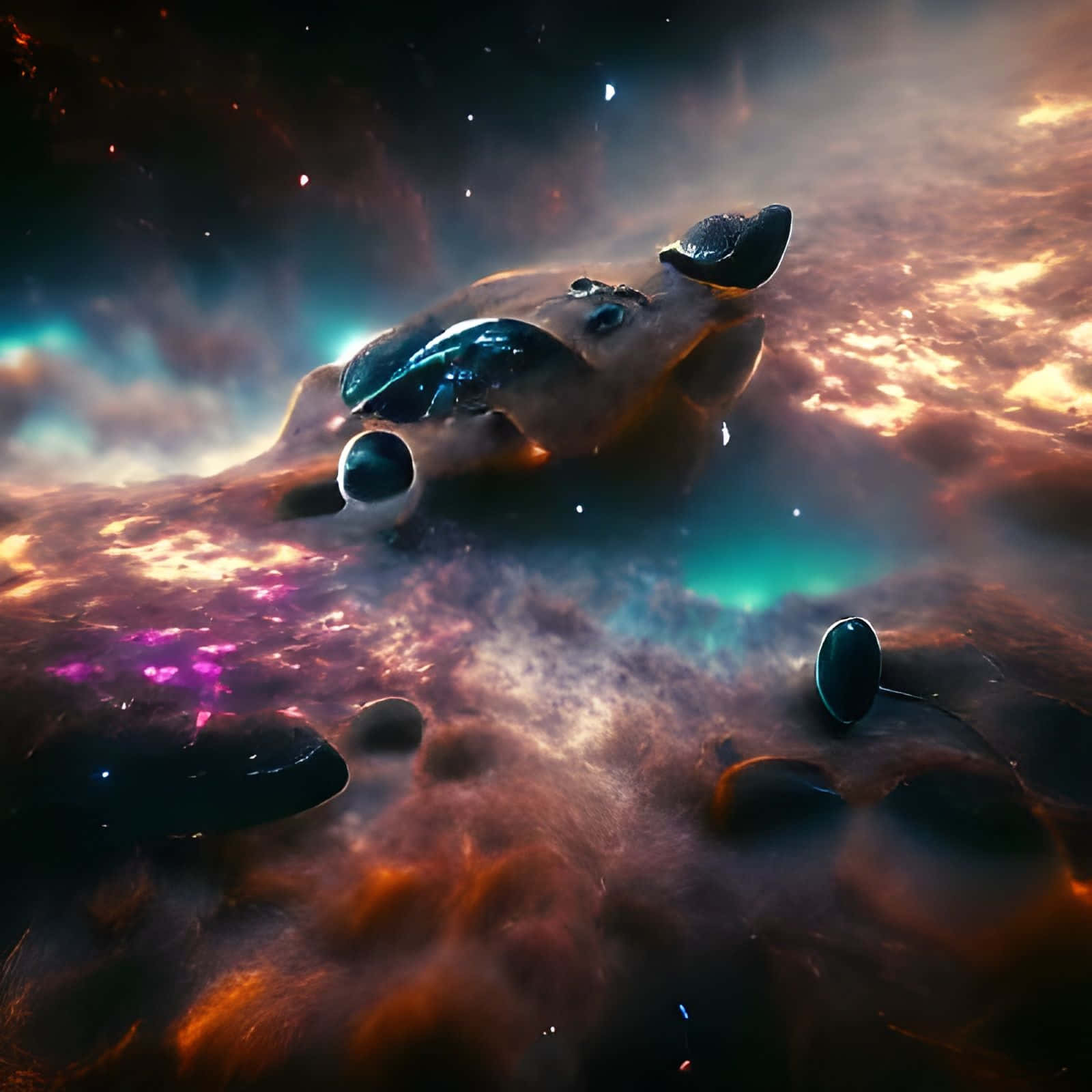 Interstellar Travel 桌布 壁紙 — 一艘未來風格的太空船在充滿活力的星雲中滑行，星雲中有發光的橙色、紫色和藍綠色雲層以及遙遠的星星。