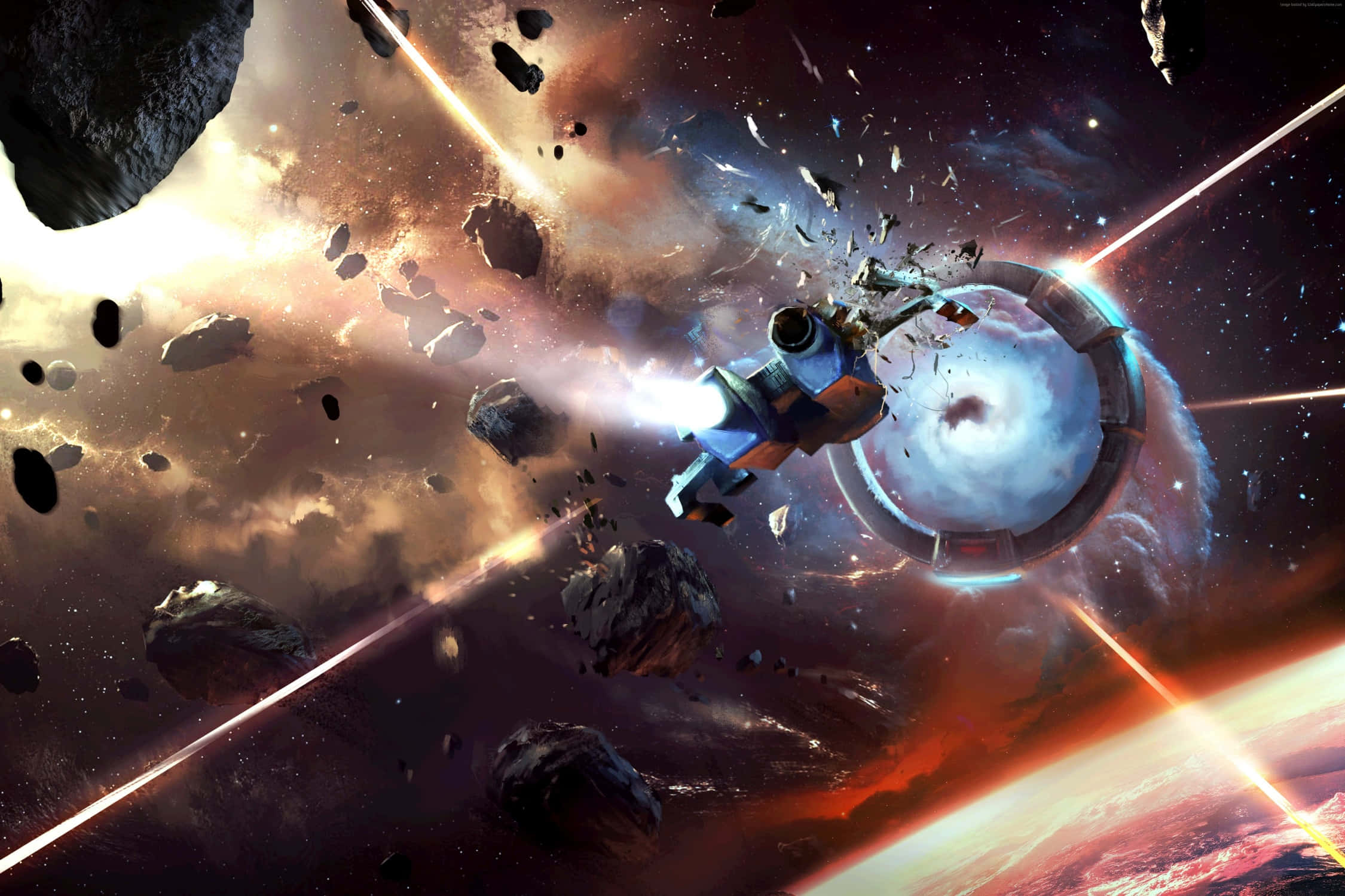 Spacecraft 桌布 壁紙 — 一艘未來風格的太空船在充滿活力的宇宙場景中，穿過一個發光蟲洞附近的小行星帶。