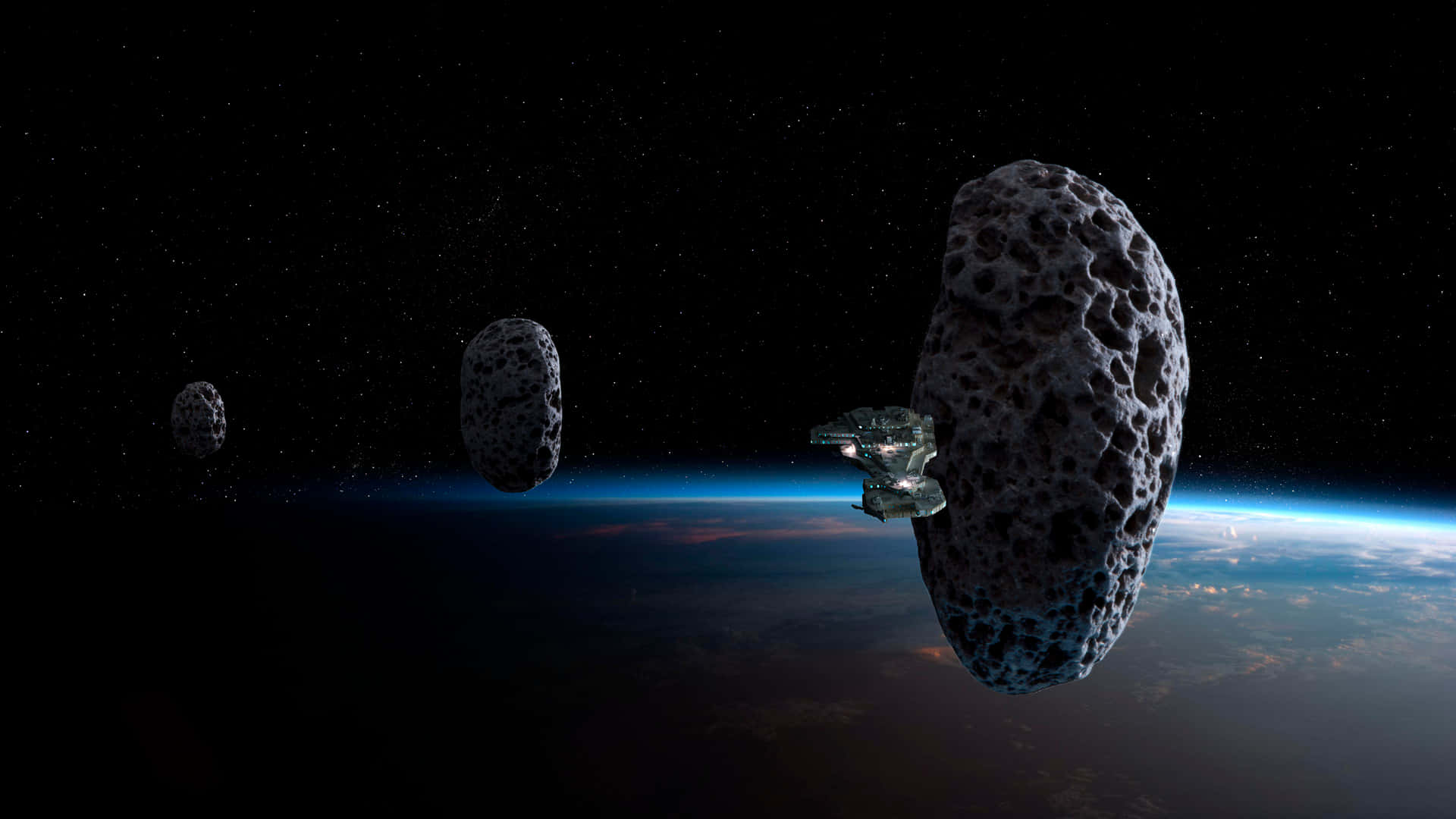 Space Mining 桌布 壁紙 — 一艘未來風格的太空船在崎嶇的小行星之間航行，背景是充滿活力的藍色行星和繁星點點的虛空。