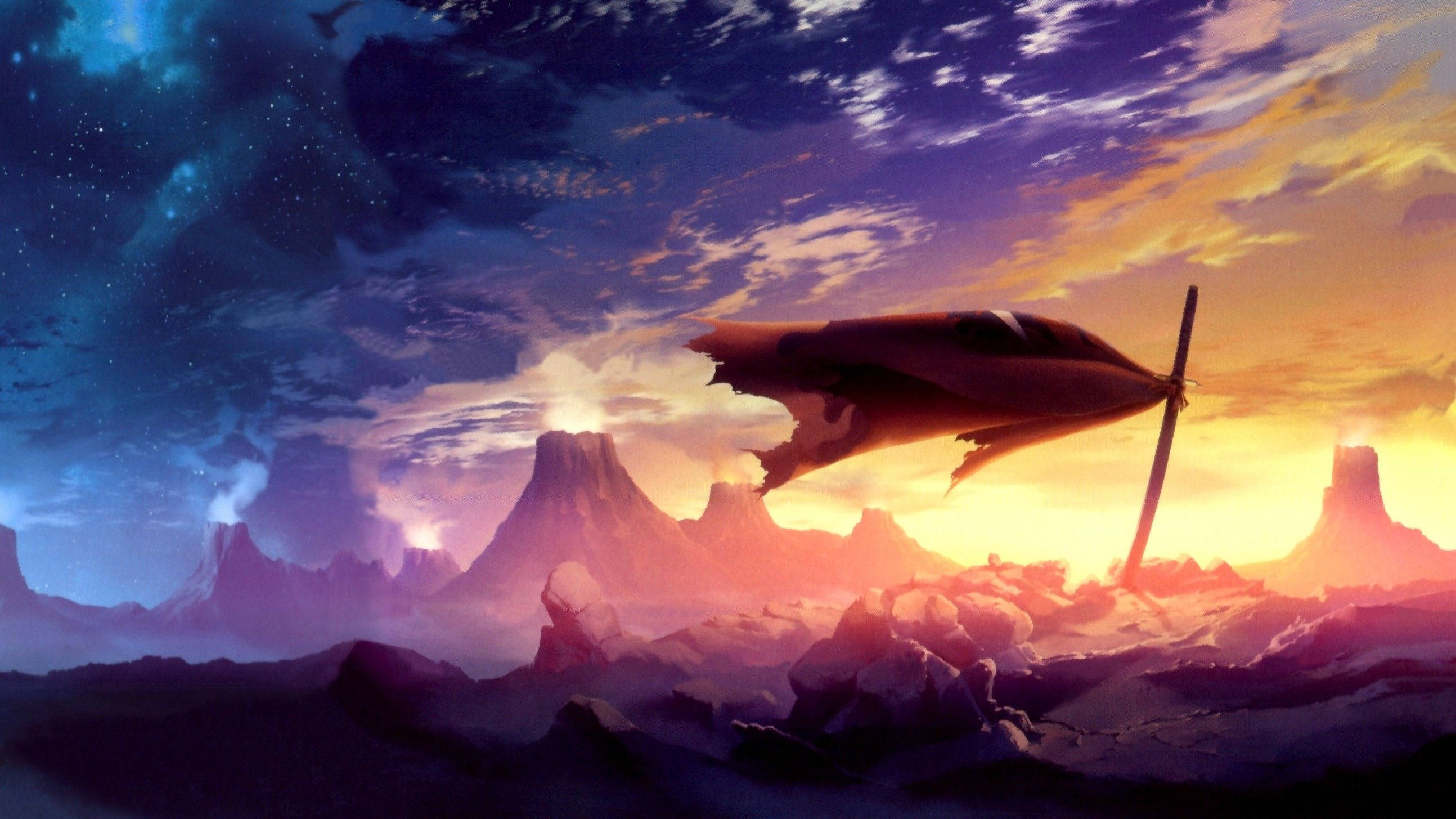 Gurren Lagann 桌布 壁紙 — 一艘未來風格的太空船在日落時分滑翔於火山外星景觀之上，頭頂是星空。