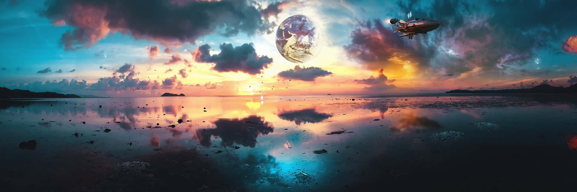 surreal 桌布 壁紙 — 一艘未來風格的太空船在日落時分飛越寧靜的海灘，天空中一顆發光的行星倒映在水面上。