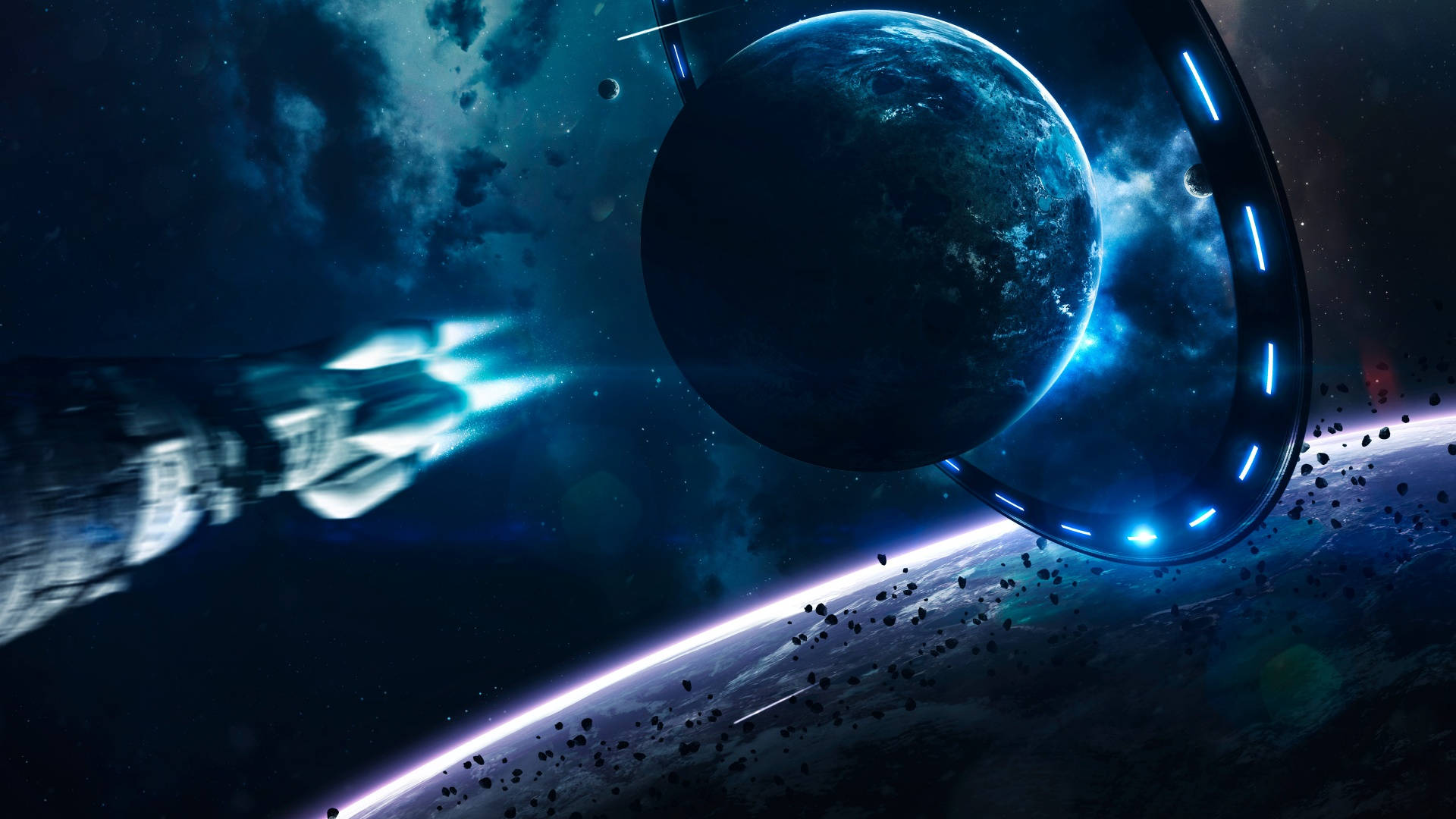 宇宙美學 桌布 壁紙 — 一艘未來風格的太空船在星光燦爛的宇宙背景下，掠過一顆帶有光環的發光藍色行星。