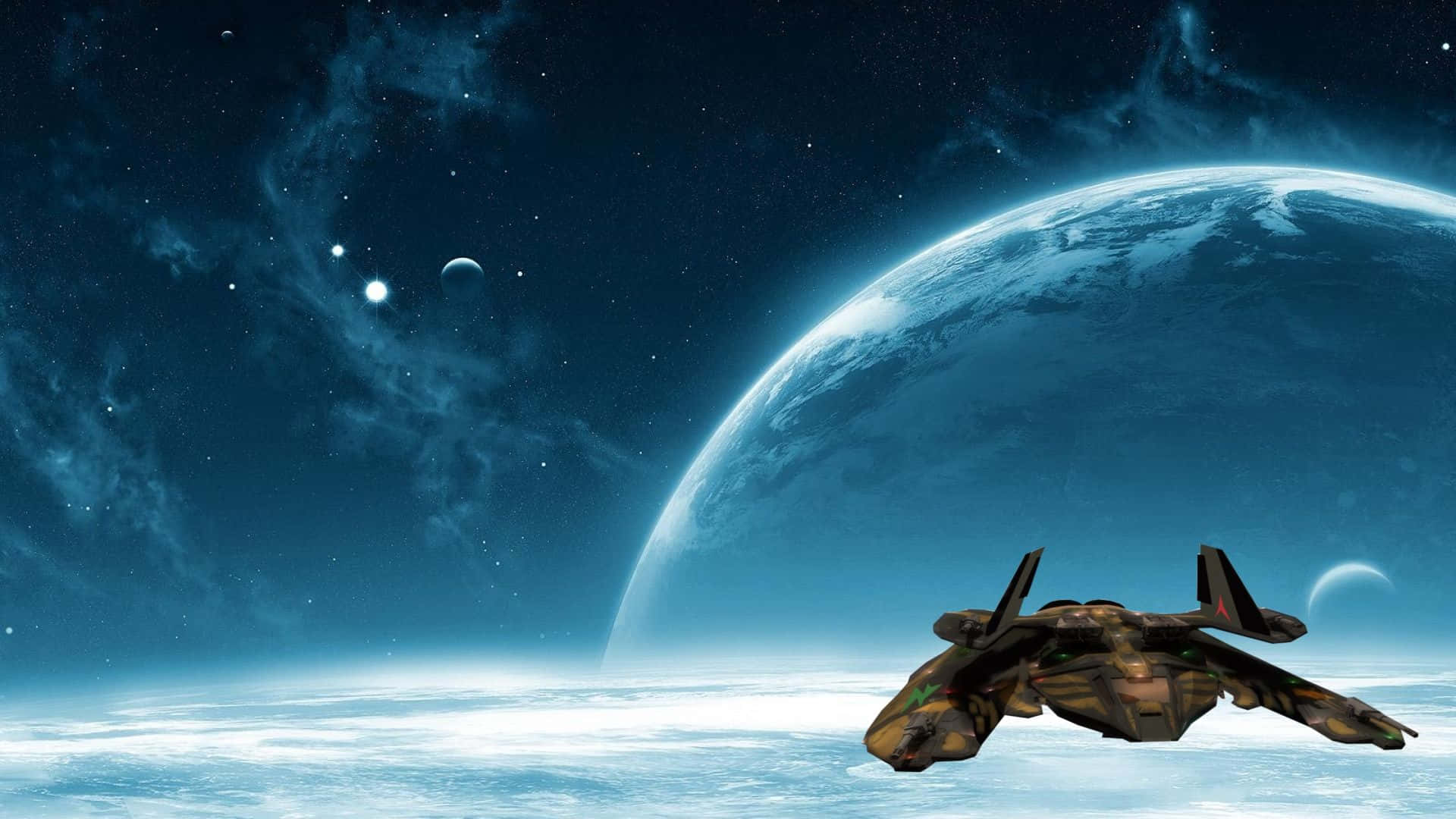 Spaceship 桌布 壁紙 — 一艘未來風格的太空船在星光燦爛的太空中滑行，靠近一顆帶有旋轉雲層和遙遠衛星的發光藍色行星。