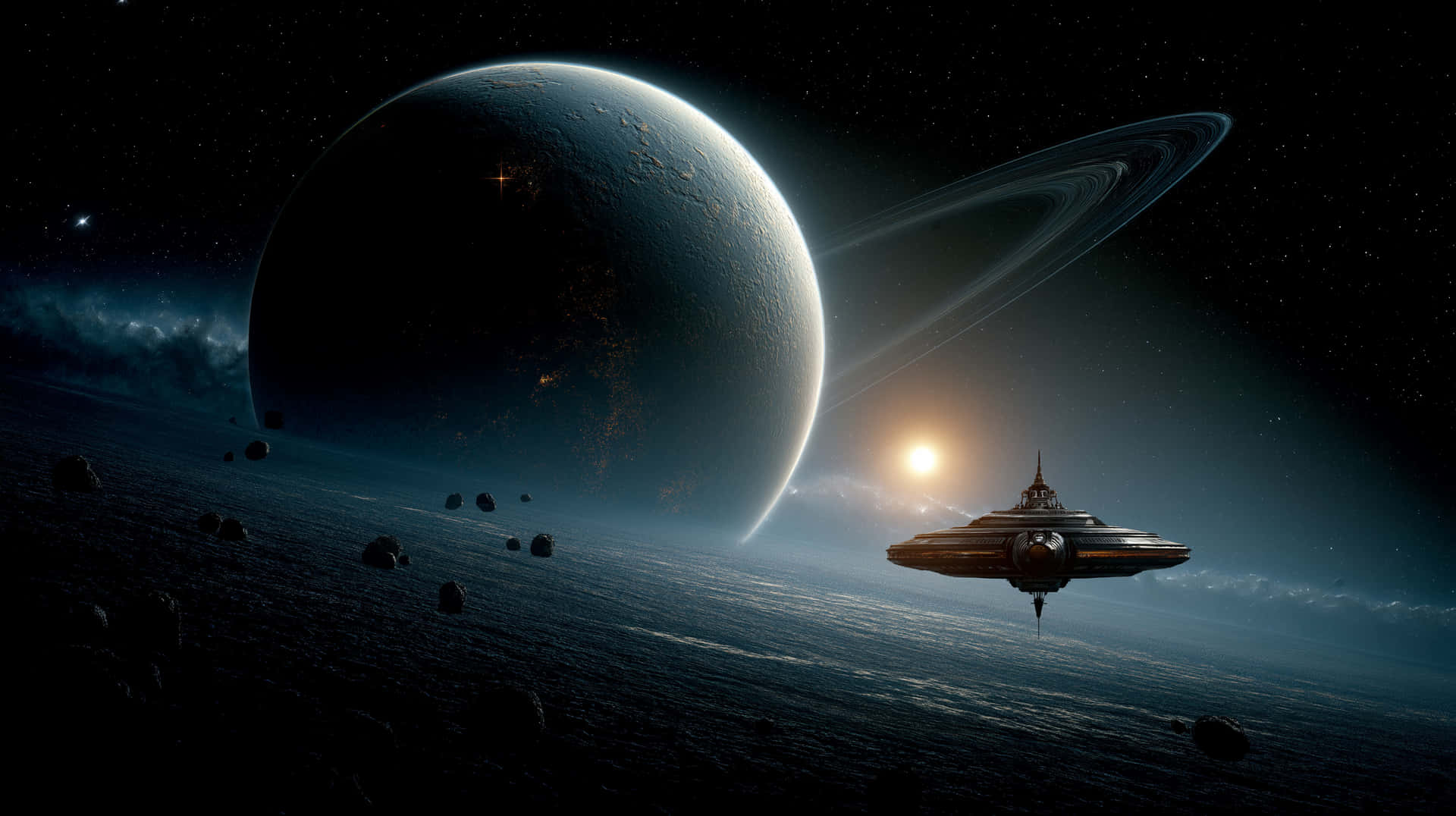 Sci-Fi Spaceship Navigating Asteroids Above an Alien Planet 壁紙 — 一艘未來風格的太空船在星光閃爍的海洋上空滑行，下方是一個巨大的環狀行星，其表面有發光的城市燈光。