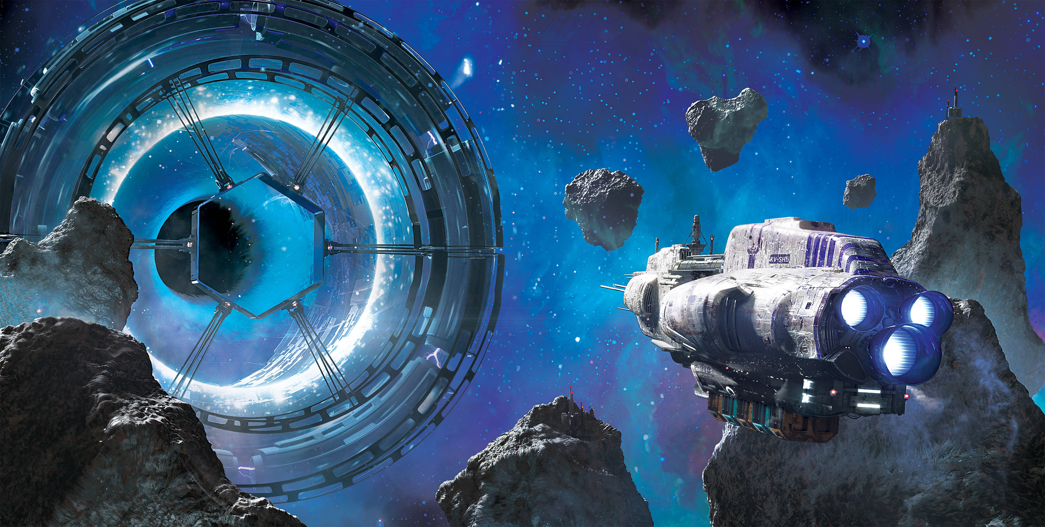 Sci Fi Landscape 桌布 壁紙 — 一艘未來風格的太空船在星光閃爍的宇宙虛空中，靠近一個被漂浮小行星環繞的發光藍色蟲洞飛行。