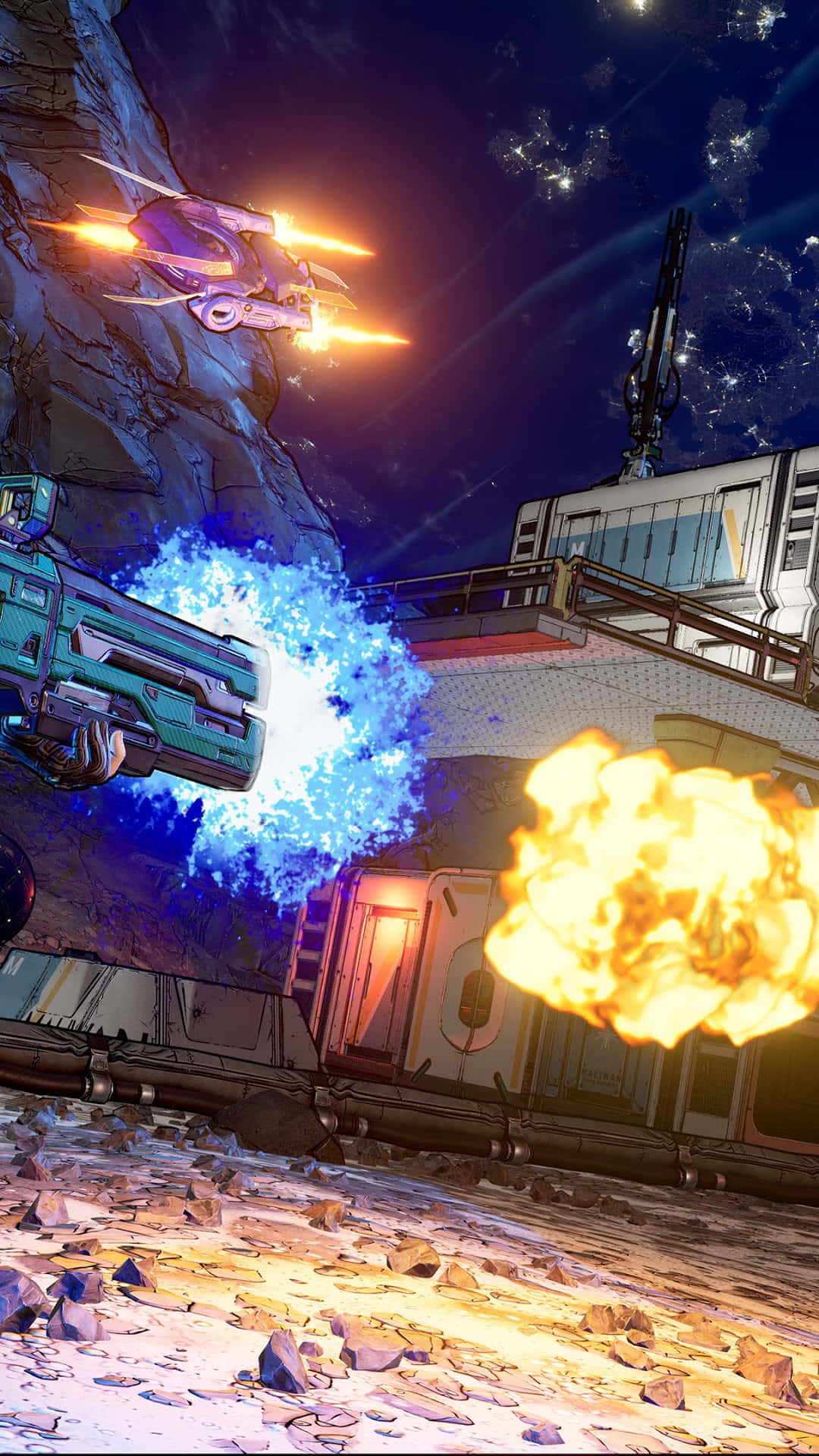 Pixel 3xl Borderlands 3 桌布 壁紙 — 一艘未來風格的太空船在星空下，於夜間的岩石沙漠中向一列燃燒的火車發射藍色能量爆炸。