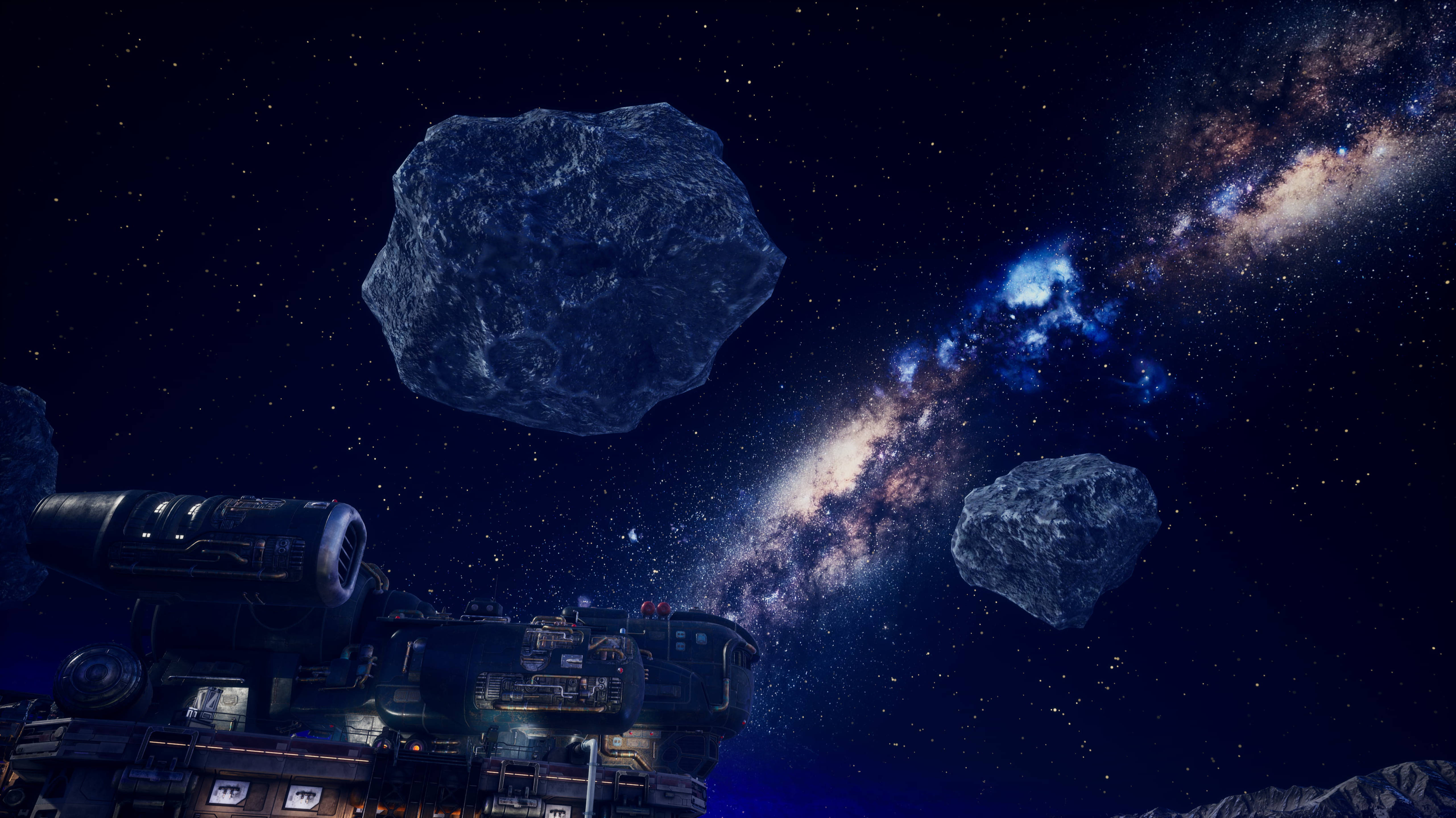 Outer Worlds 桌布 壁紙 — 一艘未來風格的太空船在星空中航行，周圍有漂浮的小行星和發光的銀河核心。