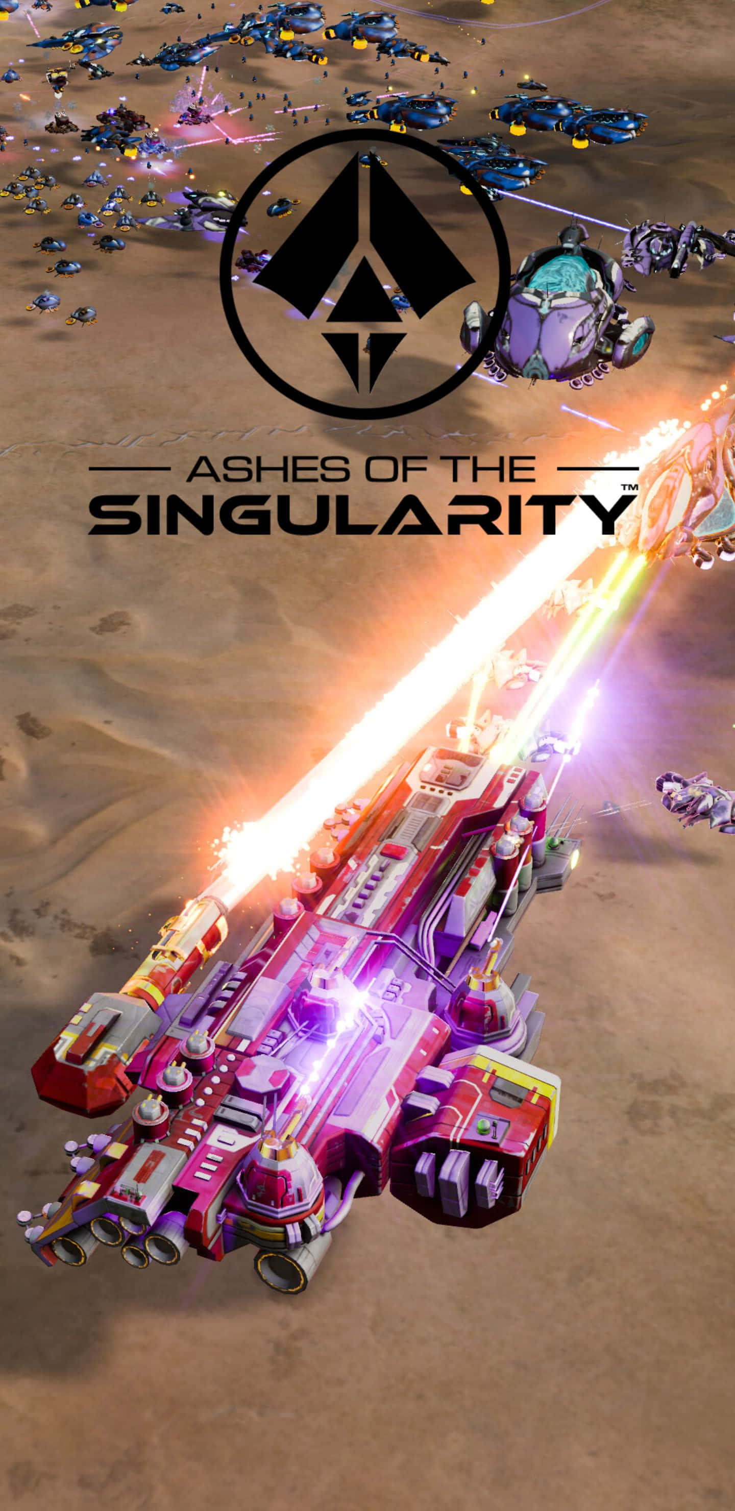 Pixel 3xl Ashes Of The Singularity 桌布 壁紙 — 一艘未來風格的太空船在沙漠戰場上發射明亮的能量光束，較小的無人機在上方成群飛舞。