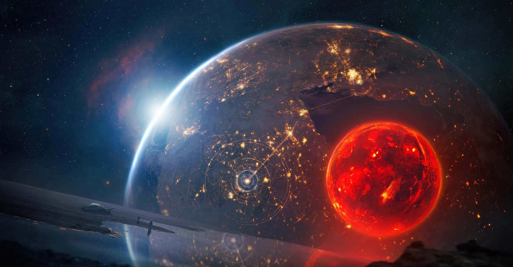 太空 桌布 壁紙 — 一艘未來風格的太空船在深空中滑過一顆發光的行星，該行星有一顆熾熱的紅色太陽和發光的軌道站。