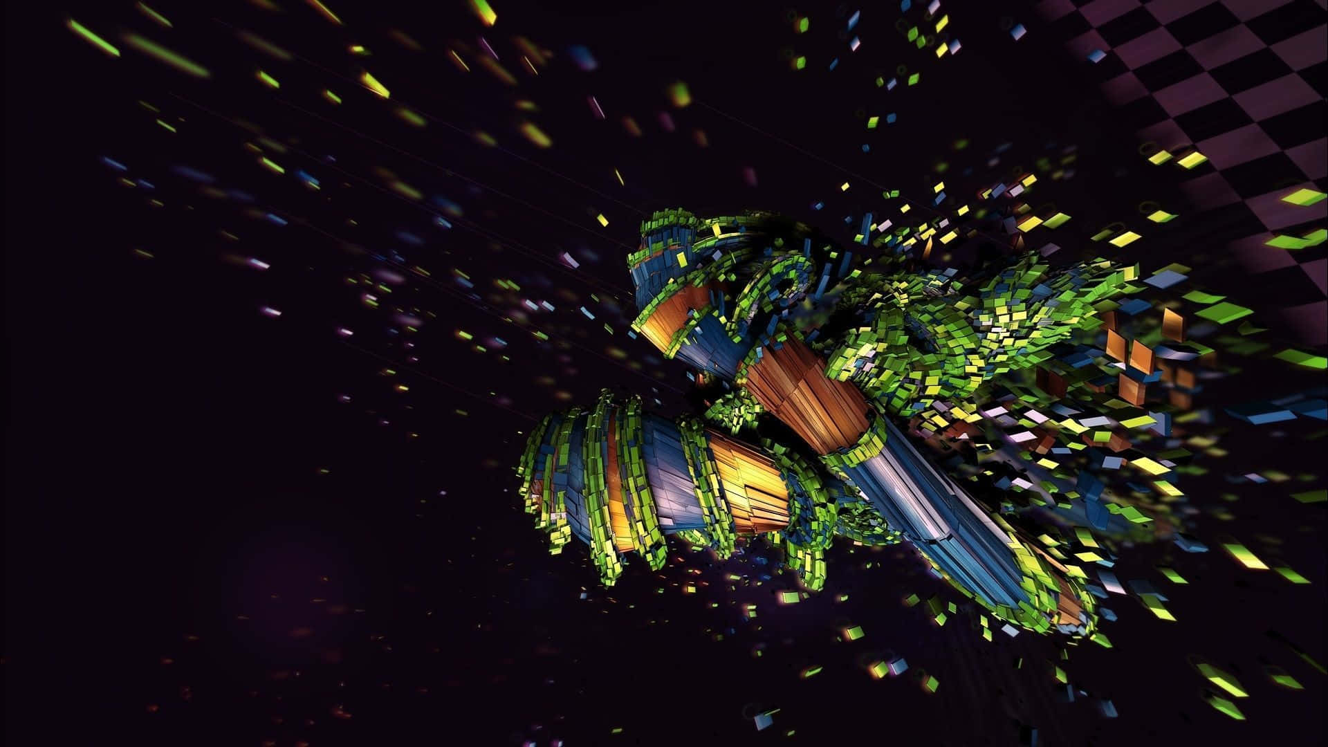 Trippy Space 桌布 壁紙 — 一艘未來風格的太空船在深色棋盤格宇宙背景前碎裂成發光的綠色、藍色和橙色像素碎片。