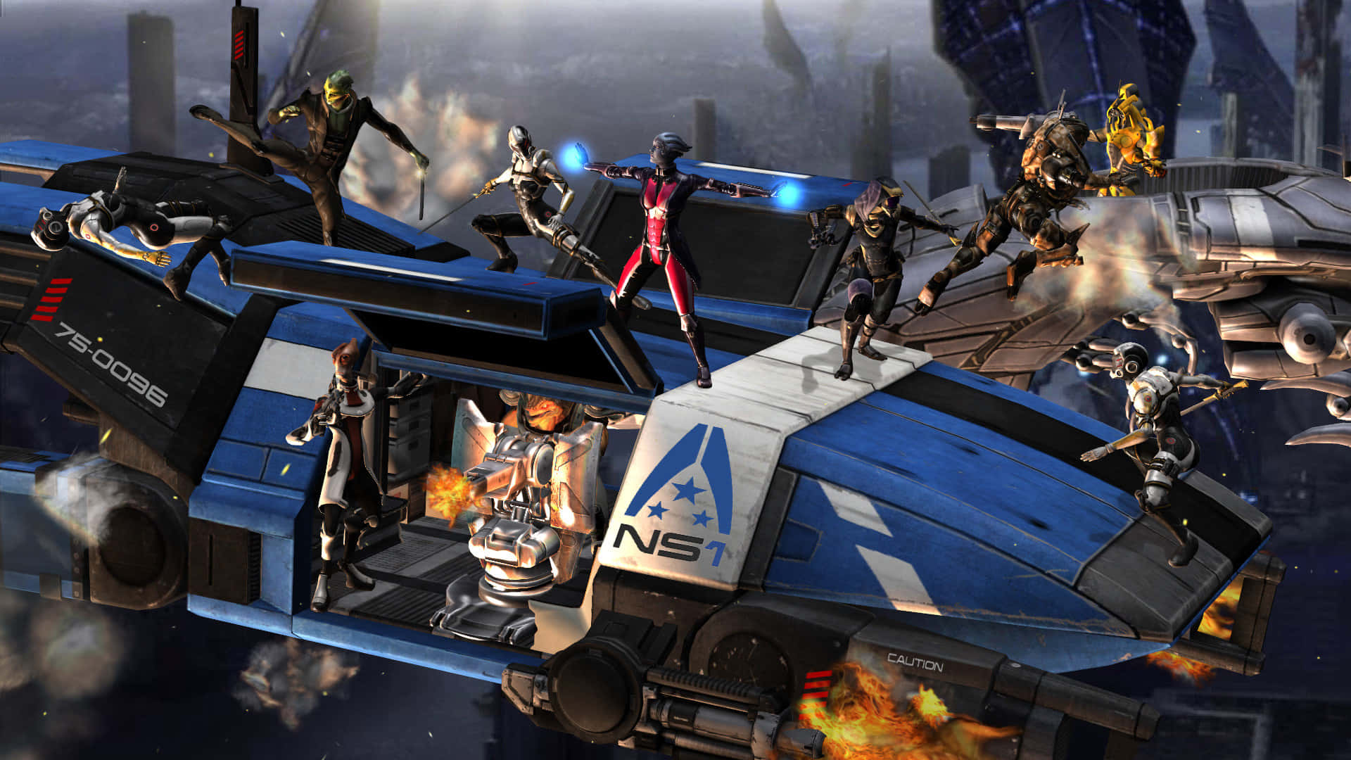 Mass Effect Cerberus 桌布 壁紙 — 一艘未來風格的太空船在熾熱的爆炸中戰鬥，裝甲戰士在其甲板上激烈交鋒，呈現科幻戰鬥場景。