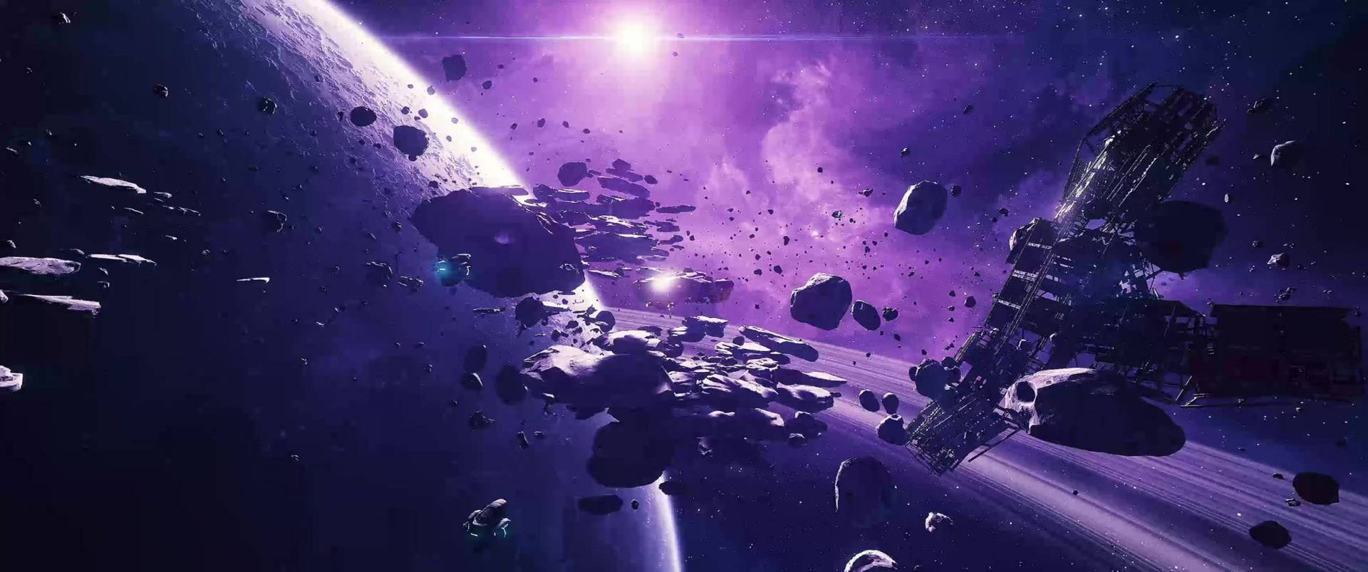 未來風格太空船飛越紫色小行星帶，靠近發光行星。 — 2560x1080 動態桌布 壁紙