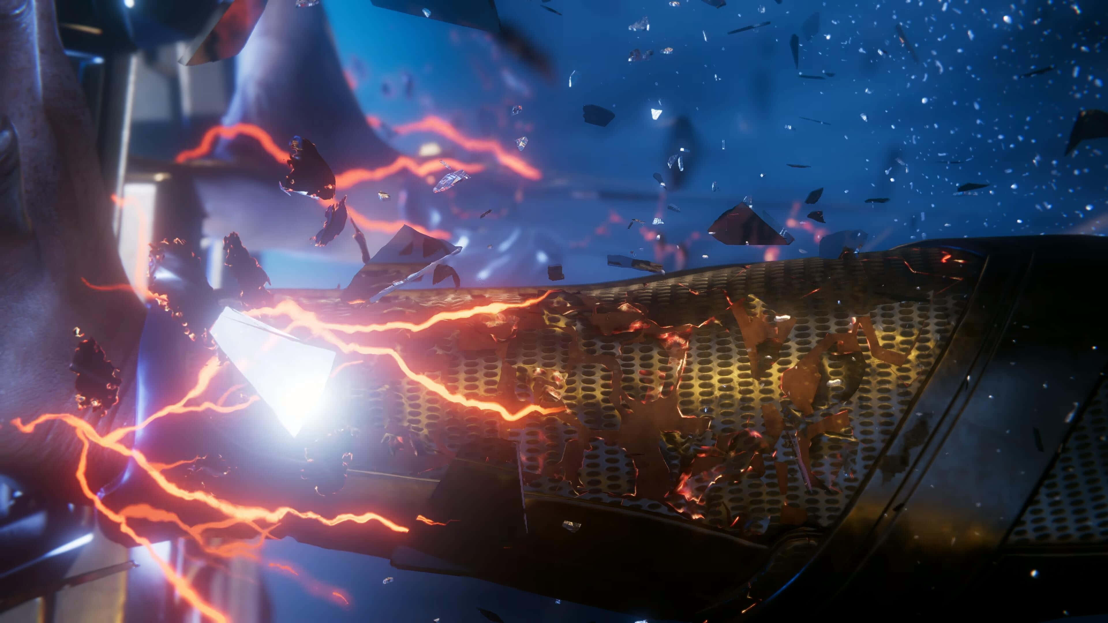 Ps5 Games 桌布 壁紙 — 一艘未來風格的太空船在繁星點點的藍色虛空中爆炸，火花和碎片四濺。