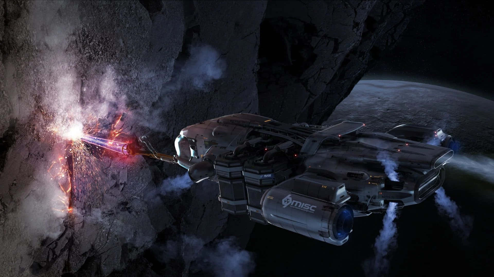Space Mining 桌布 壁紙 — 一艘未來風格的太空船在行星附近的深空中，用熾熱的紅色雷射穿過岩石小行星。