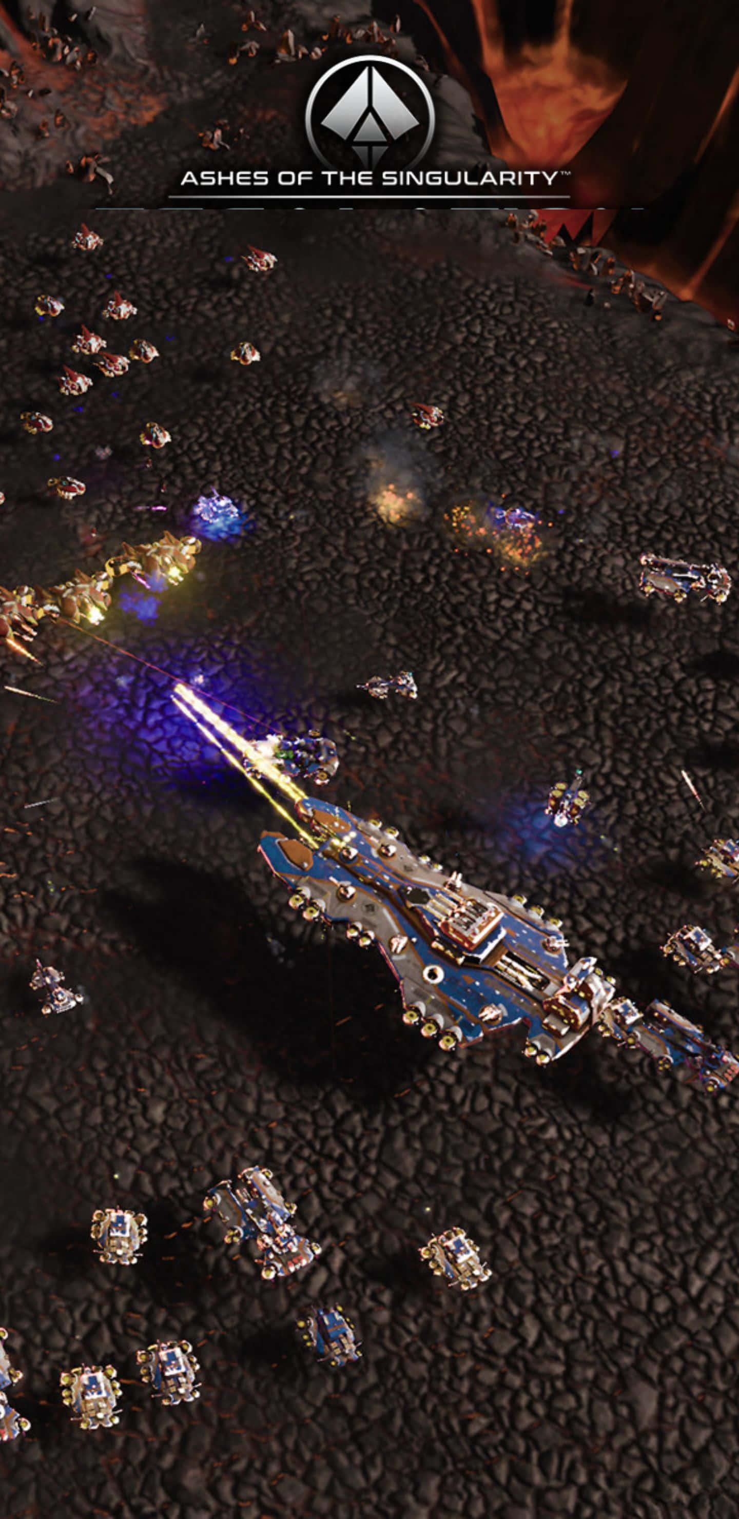 Pixel 3xl Ashes Of The Singularity 桌布 壁紙 — 一艘未來風格的太空船在黑暗的岩石表面發射發光的射線，周圍有較小的無人機盤旋。