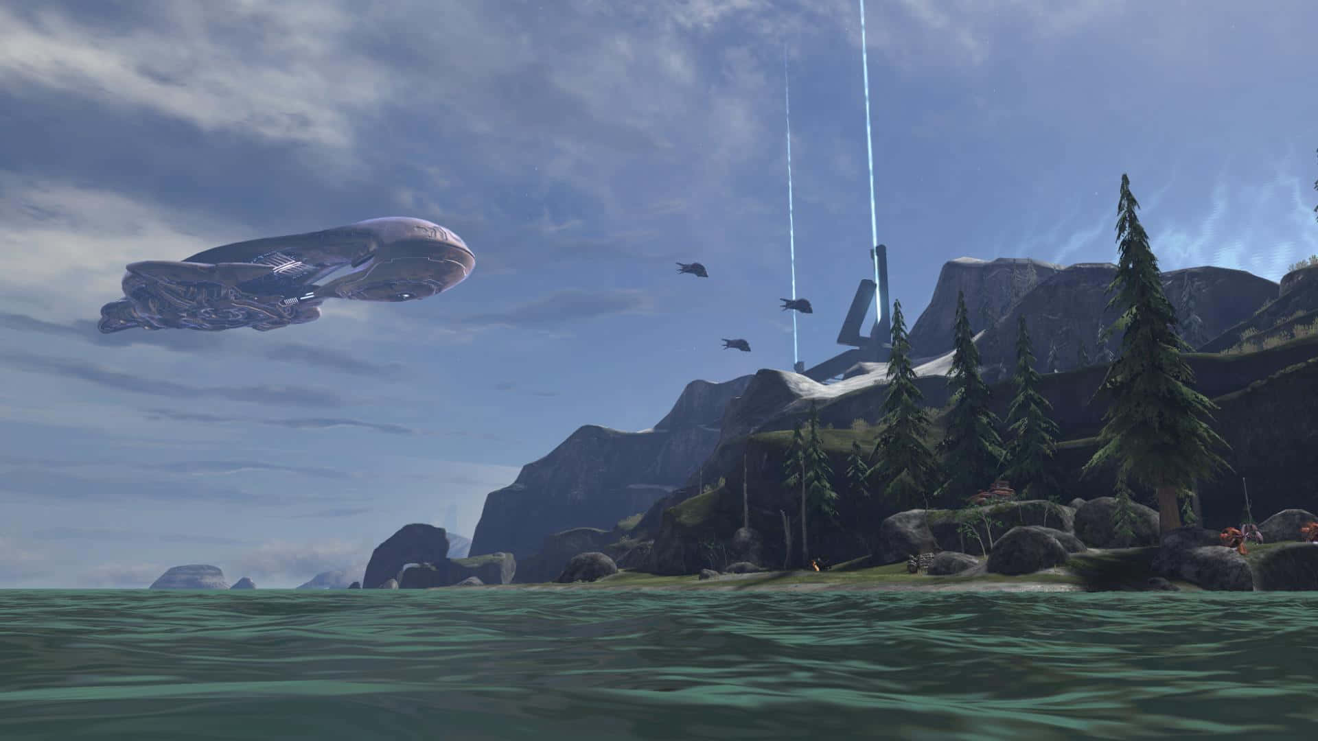 Halo Ark 桌布 壁紙 — 一艘未來風格的太空船懸浮在松樹林立、有發光塔刺穿天空的山區海岸線上。