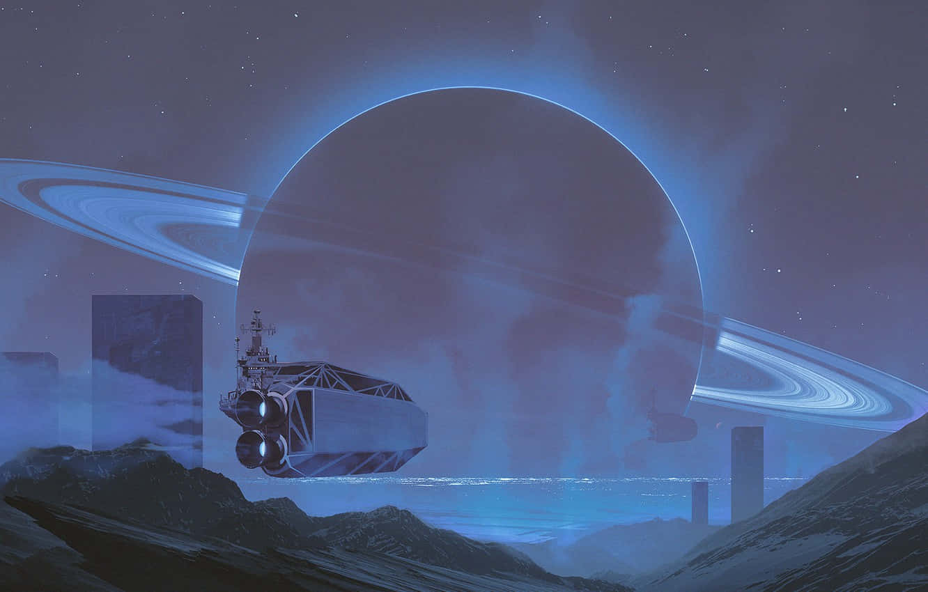 Interstellar Travel 桌布 壁紙 — 一艘未來風格的太空船懸浮在積雪的山脈之上，下方是一個巨大的環狀行星，散發著藍色極光。