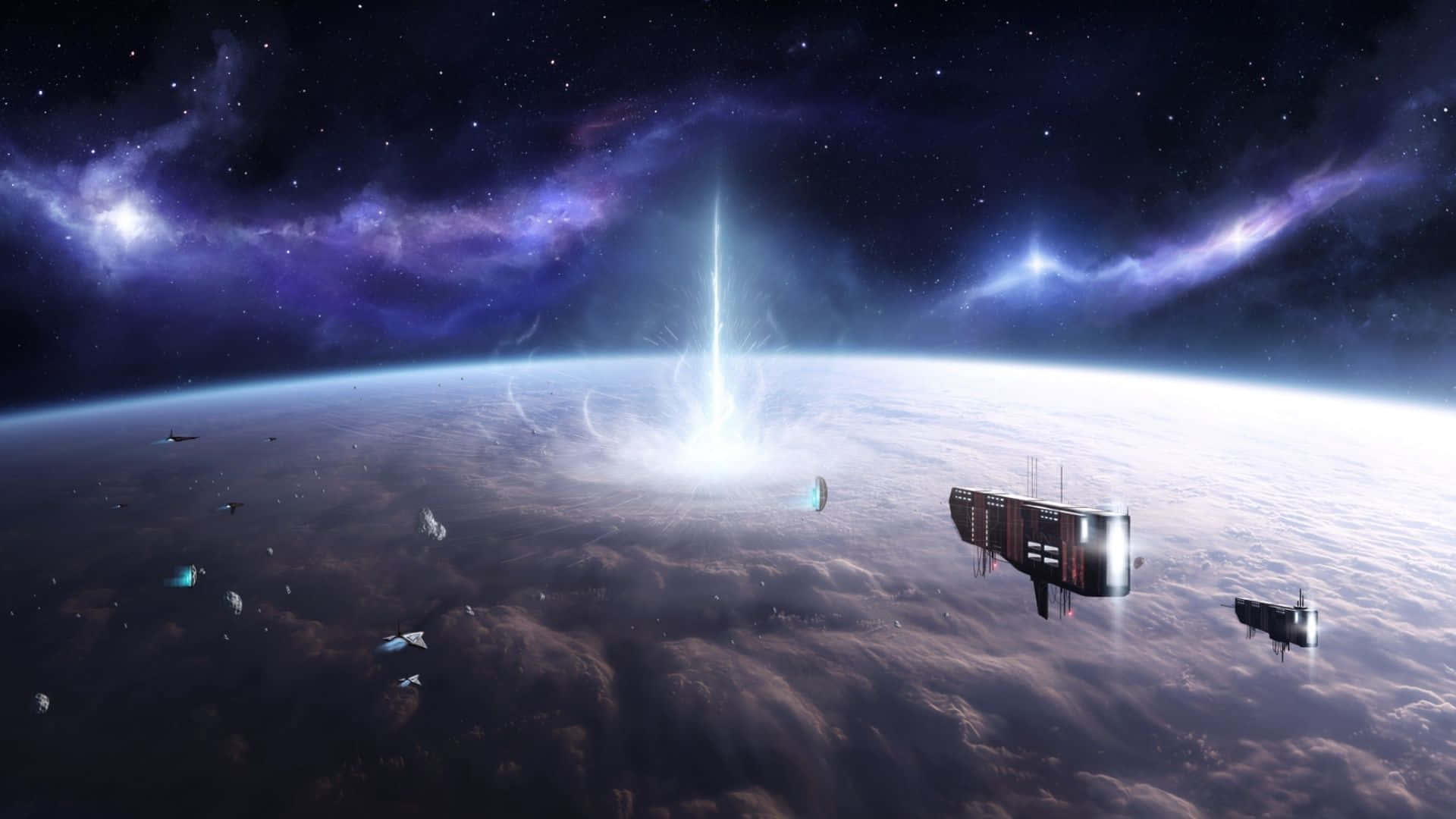 全高清 桌布 壁紙 — 一艘未來風格的太空船懸浮在行星的雲層之上，一道耀眼的光束從其表面噴射而出，射入佈滿星辰的紫色星雲中。