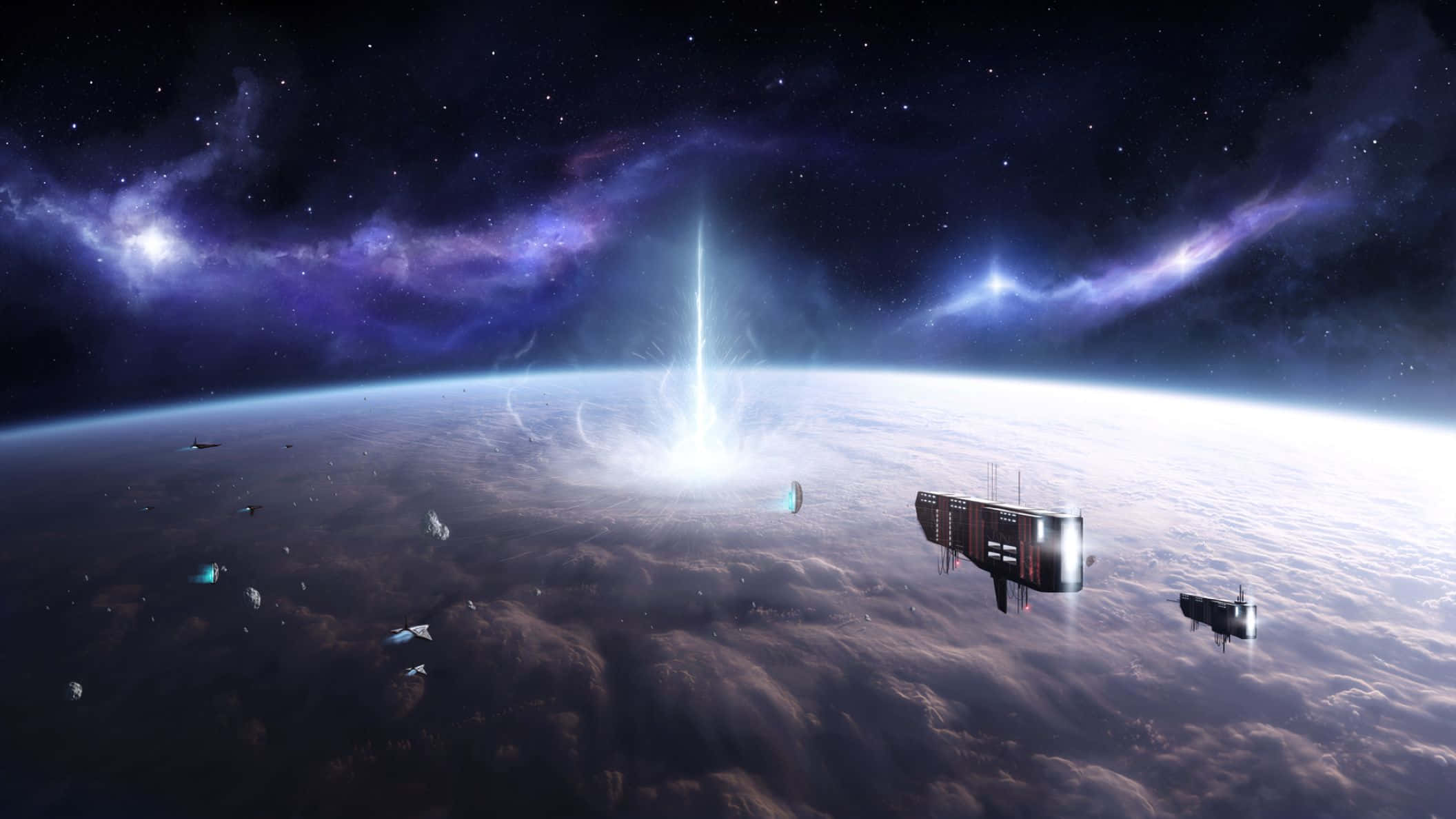 3d Space 桌布 壁紙 — 一艘未來風格的太空船懸浮在行星的雲層之上，一道明亮的光束從其表面噴射而出，射入佈滿星斗的紫色星雲中。