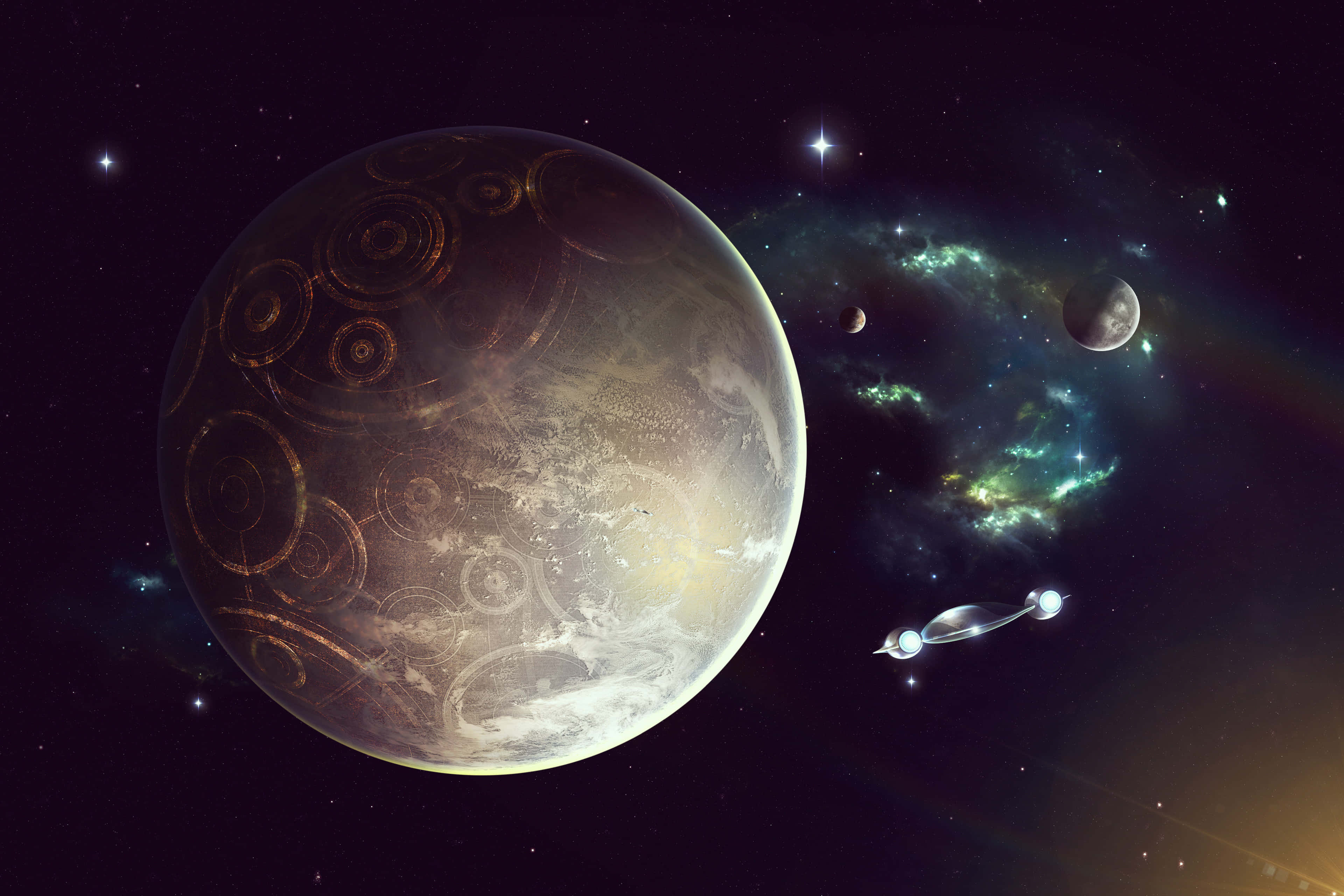 Coruscant 桌布 壁紙 — 一艘未來風格的太空船掠過一顆裝飾著發光金色光環的行星，背景是星光燦爛的宇宙。