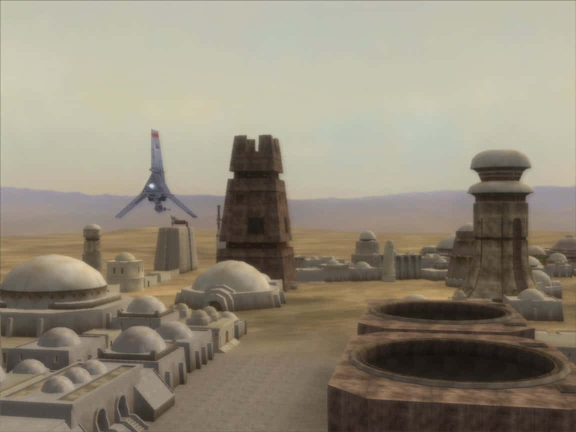 Mos Eisley 桌布 壁紙 — 一艘未來風格的太空船盤旋在沙漠城市上空，城市中有圓頂建築和石塔，天空朦朧。