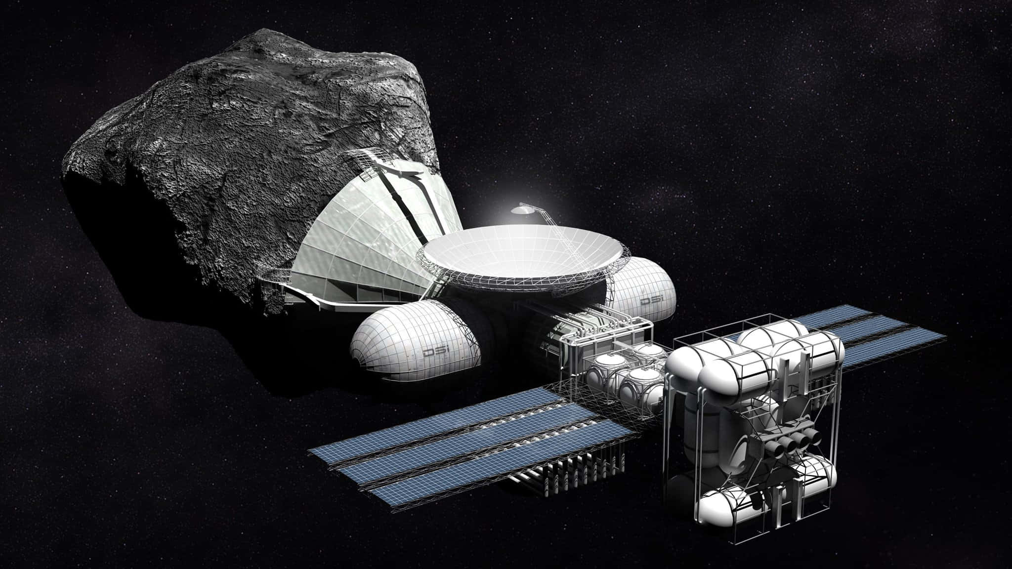 Space Mining 桌布 壁紙 — 一艘未來風格的太空船配備太陽能板，在繁星點點的黑色虛空中繞著一顆大型小行星運行。