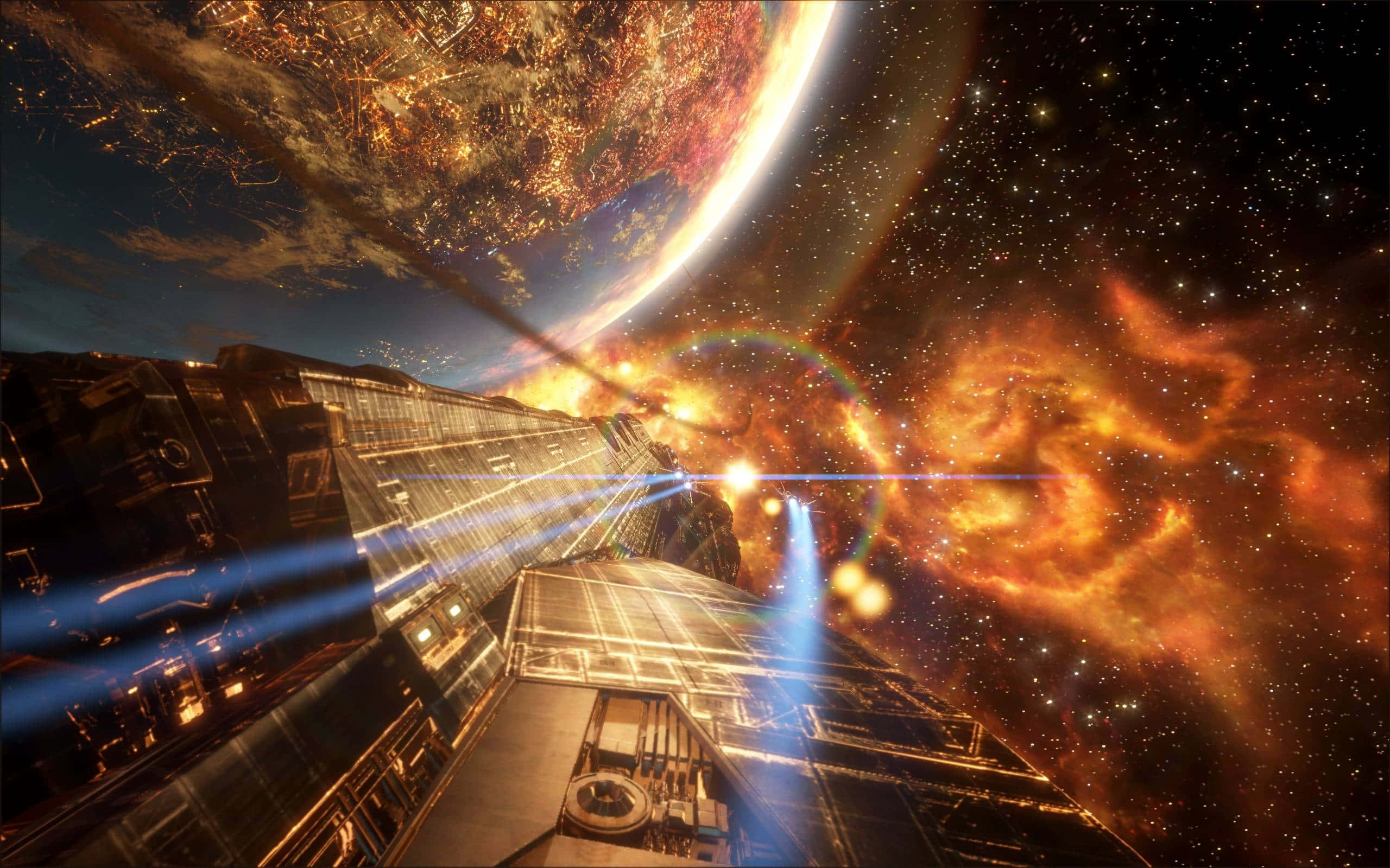 Spacecraft 桌布 壁紙 — 一艘未來風格的太空船飛過充滿活力的星雲，背景中有一顆發光的行星。