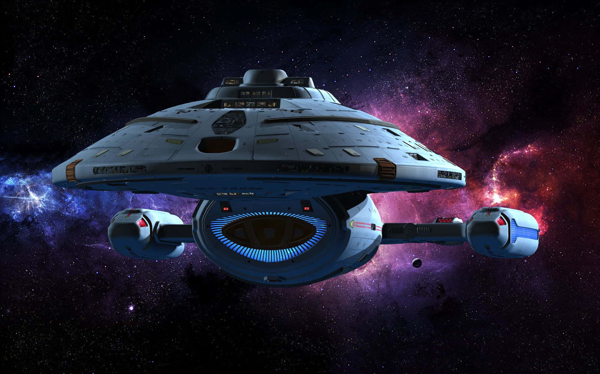 電影動圖 桌布 壁紙 — 一艘未來風格的星艦在充滿活力的宇宙星雲中滑行，星雲中有旋轉的紫色和紅色雲霧，背景是星場。