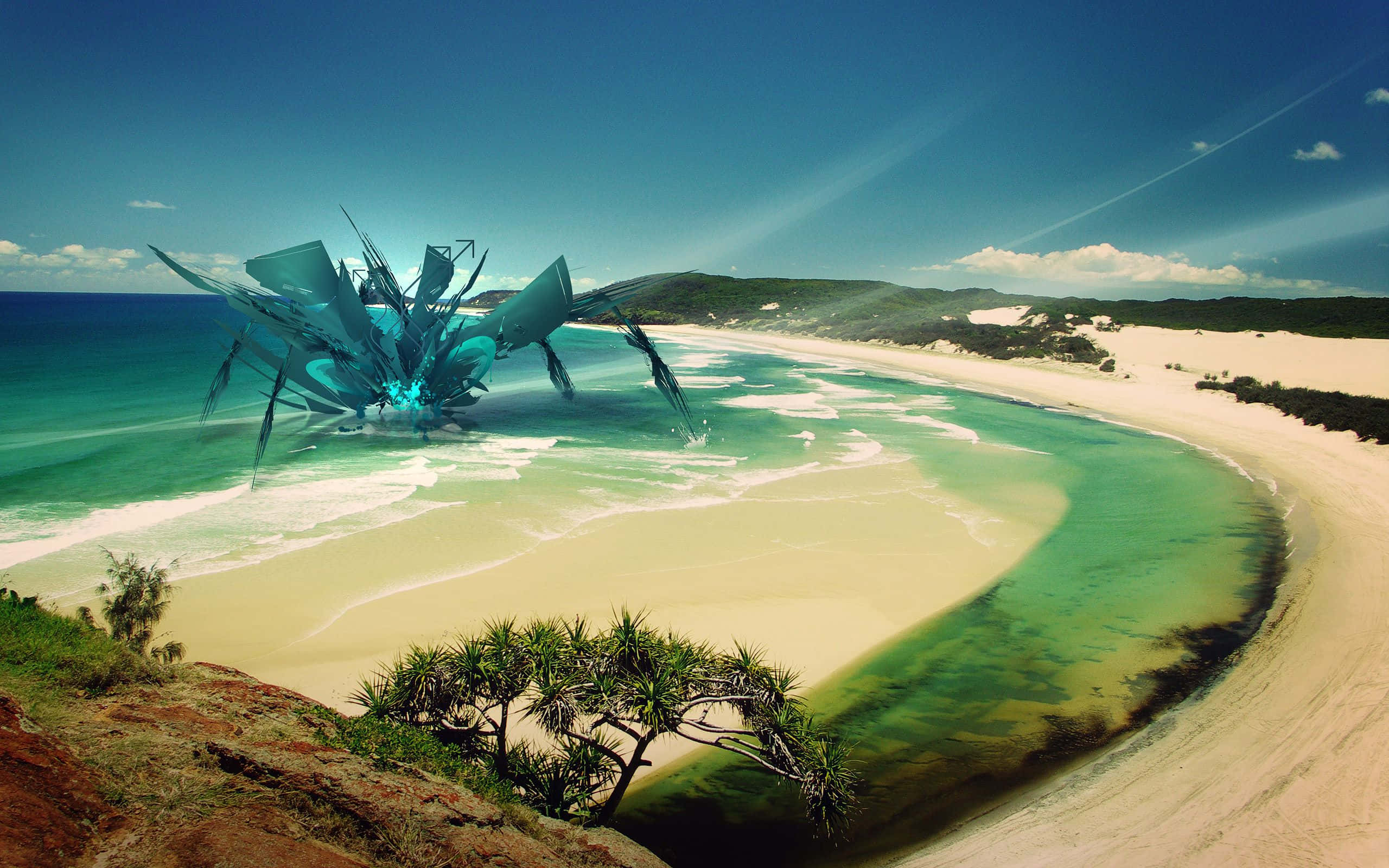 Beach Art 桌布 壁紙 — 一艘未來風格的金屬太空船停泊在彎曲的熱帶海灘上，周圍是碧綠的海水和白色的沙灘，天空清澈湛藍。