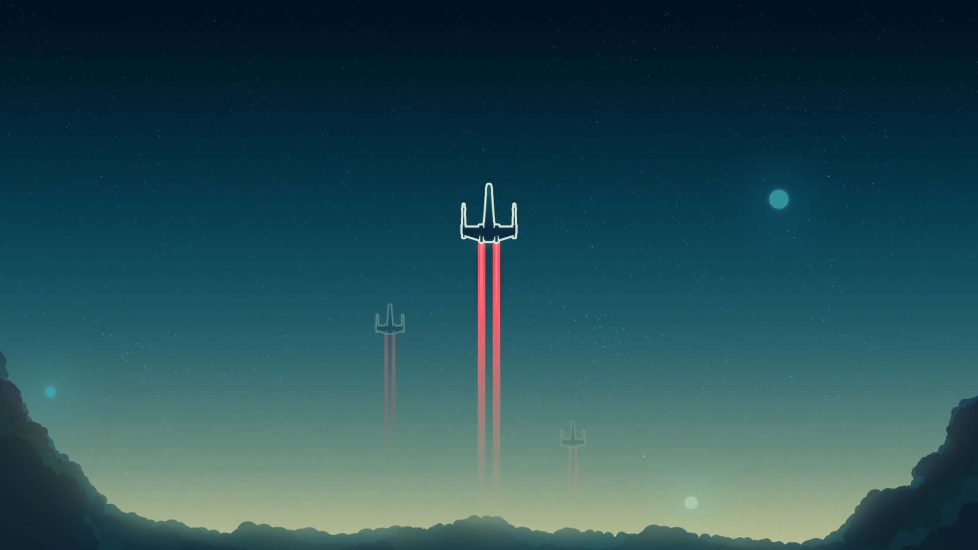 Star Wars Art 桌布 壁紙 — 一艘極簡數位藝術太空船，帶有發光的紅色軌跡，飛越星空暮色峽谷景觀。