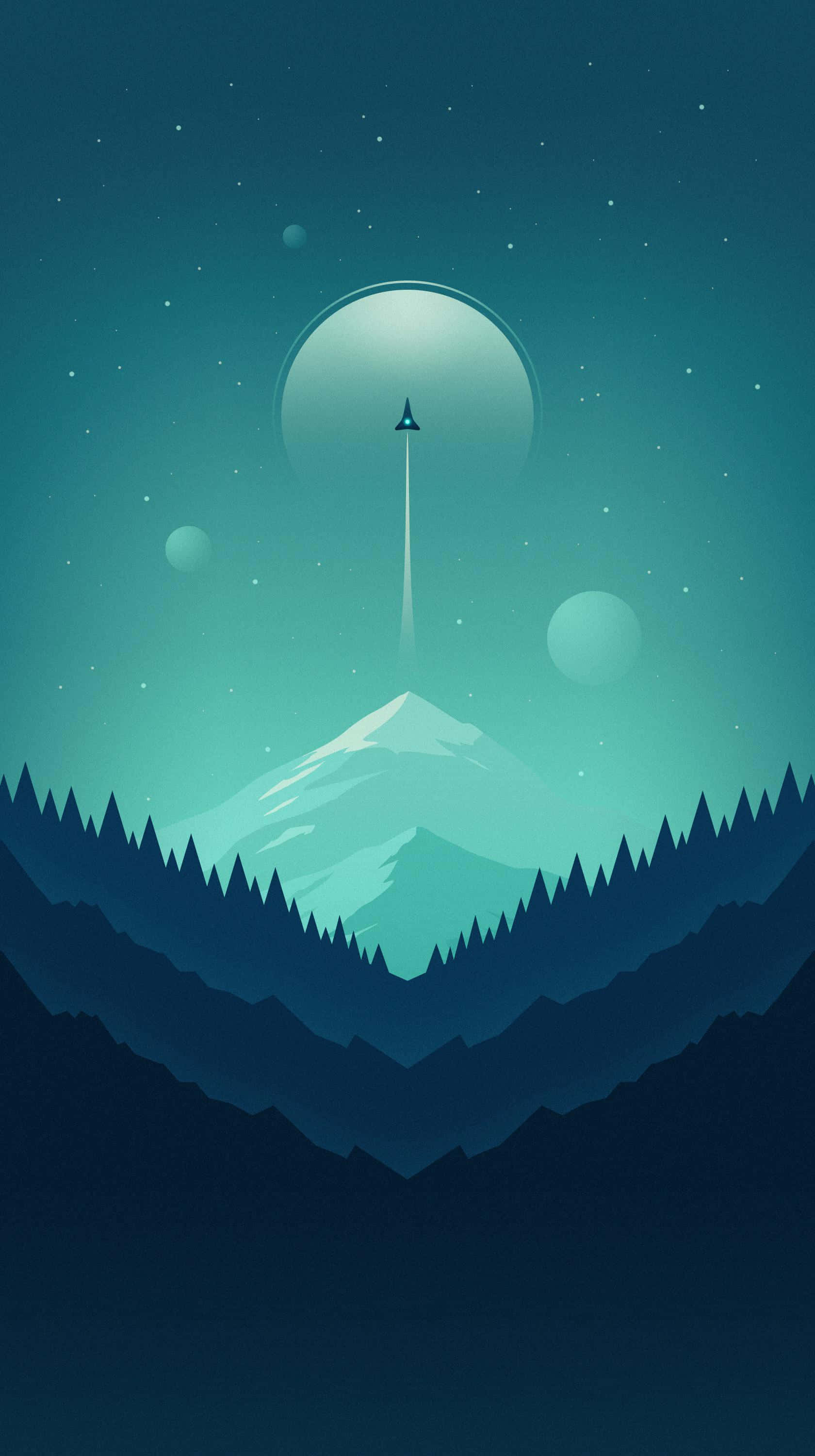 Animation 桌布 壁紙 — 一艘極簡風格的太空船從積雪的山峰升起，下方是帶有發光球體的青綠色星空。