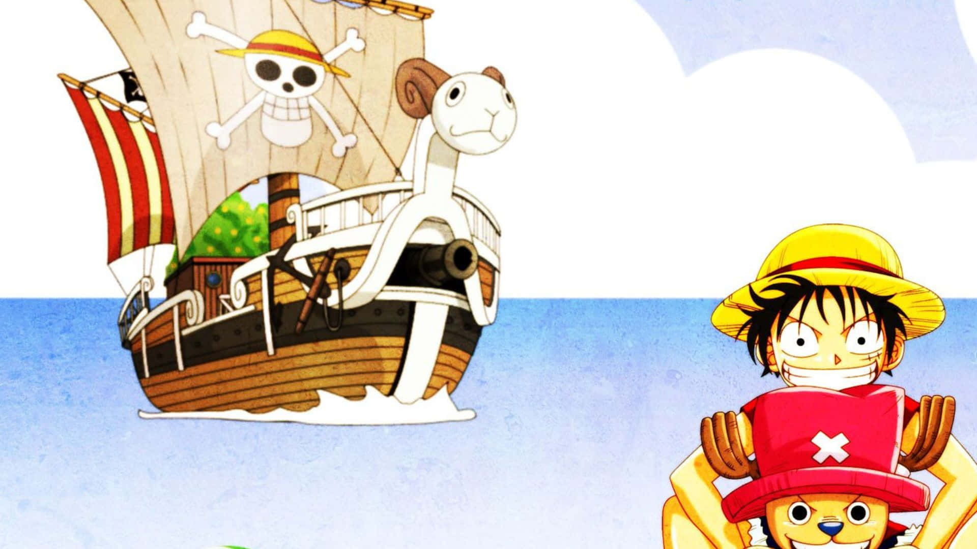 Going Merry 桌布 壁紙 — 一艘歡樂的動畫海盜船，掛著骷髏旗，在藍色海洋上航行，一個戴草帽的小男孩站在一隻戴紅帽的狗旁邊。