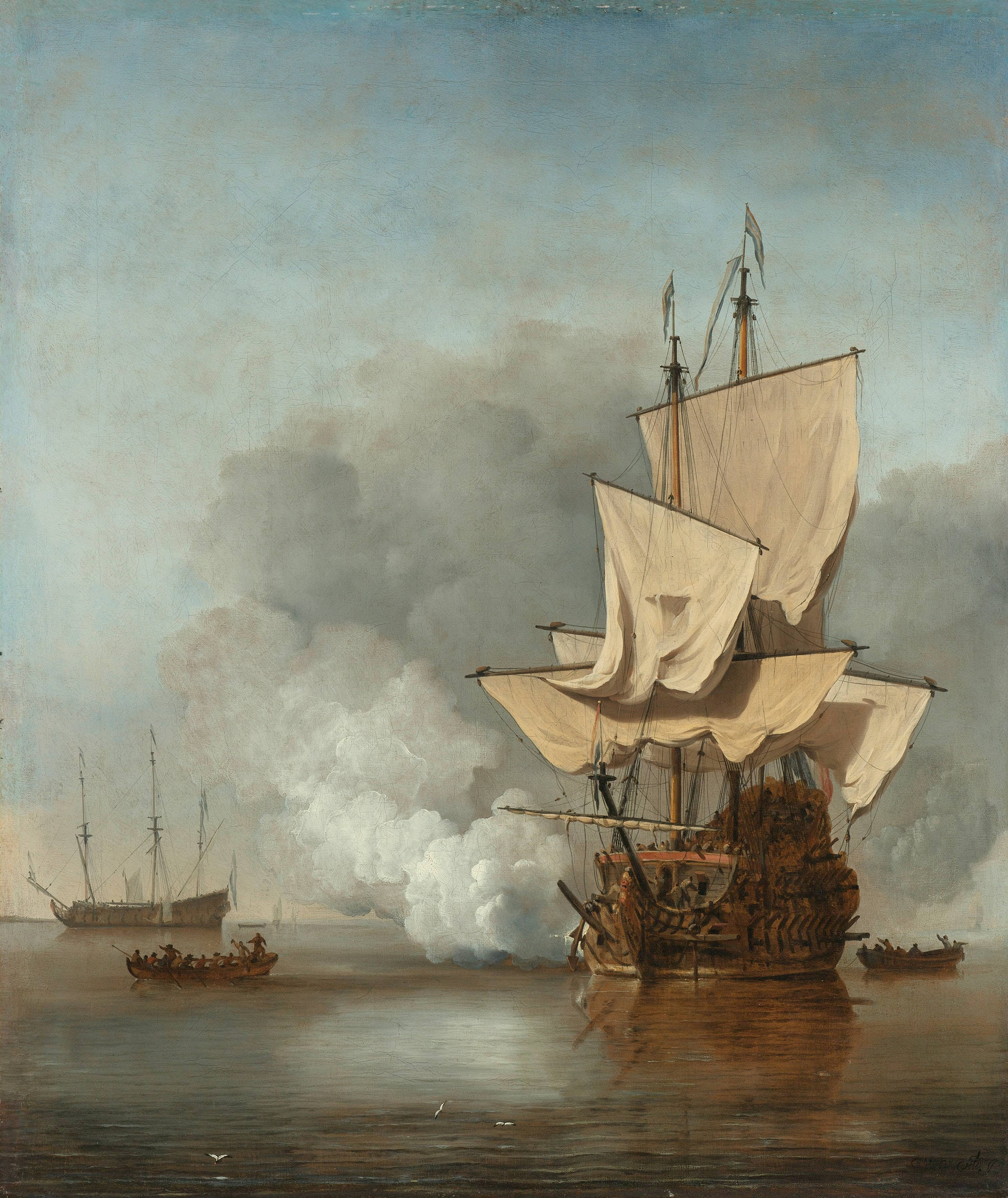 Painting 桌布 壁紙 — 一艘歷史戰艦在戲劇性的海戰中發射大砲，煙霧在平靜的水面和附近的小船上翻騰。