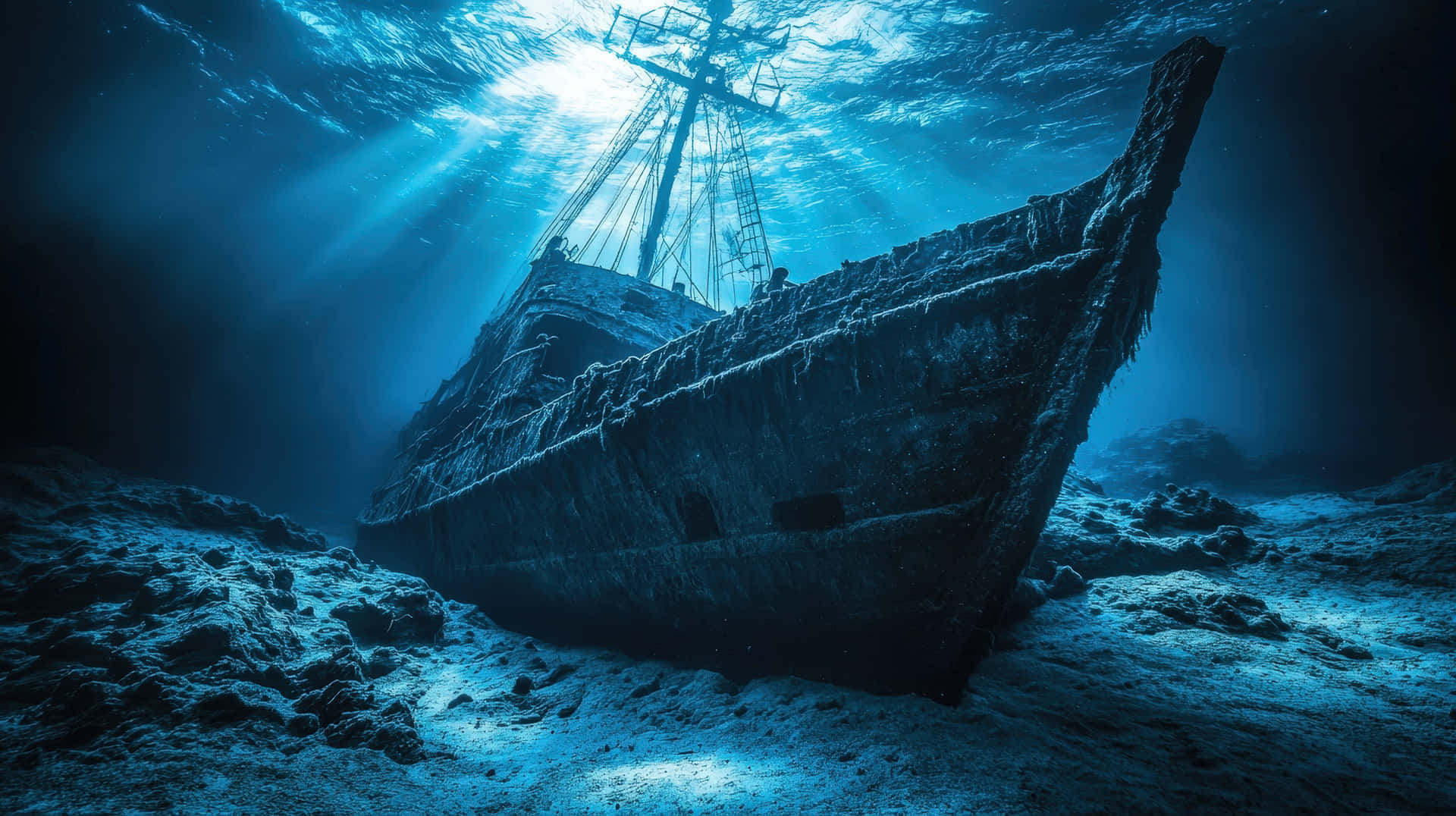 A hauntingly beautiful image of an old shipwreck submerged deep underwater, illuminated by sun rays 壁紙 — 一艘沉沒的木製沉船擱在沙質海底，陽光穿透上方的藍色海水。