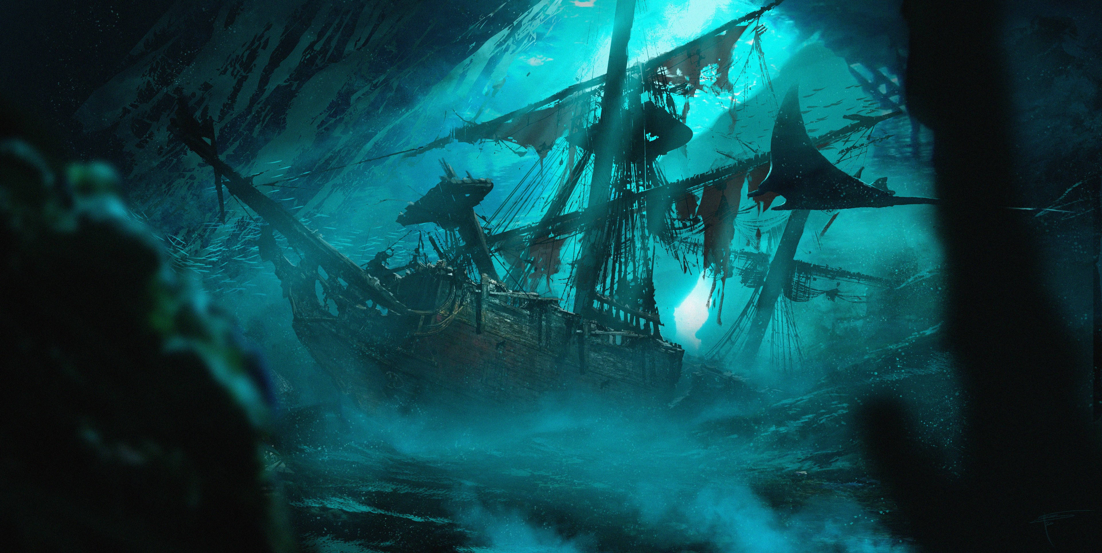 Ghost Ship 桌布 壁紙 — 一艘沉沒的海盜船在發光的洞穴天花板下，安息在詭異的碧綠色海水中。