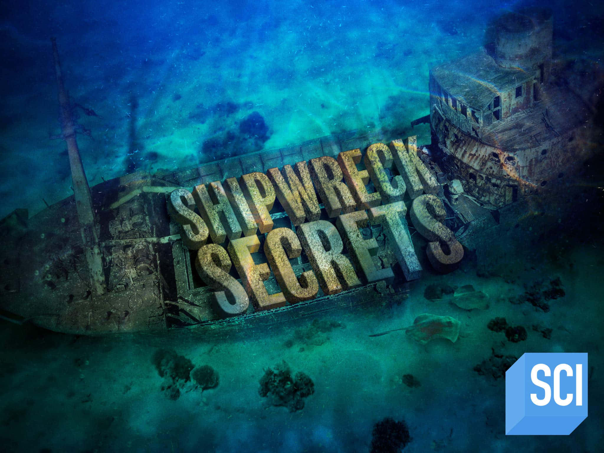 Underwater Scary Ocean 桌布 壁紙 — 一艘沉船躺在碧綠色的海水下，船體上有大型腐蝕字體寫著「SHIPWRECK SECRETS」。