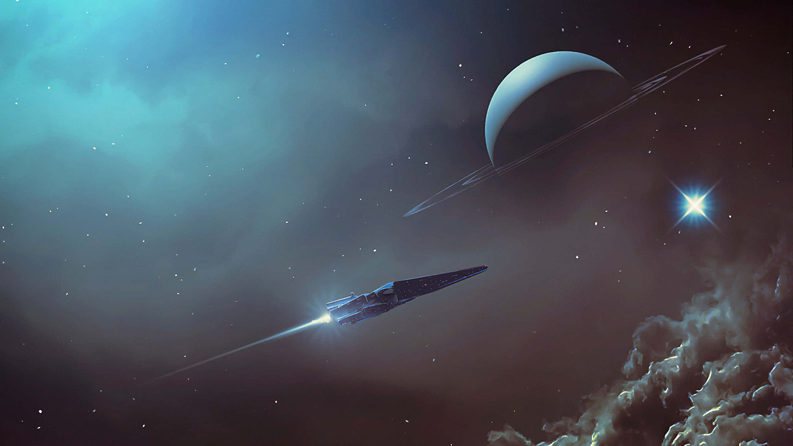 1440p Space 桌布 壁紙 — 一艘流線型太空船劃過宇宙雲層，朝一顆發光的恆星飛去，遠方隱約可見一顆帶環行星。