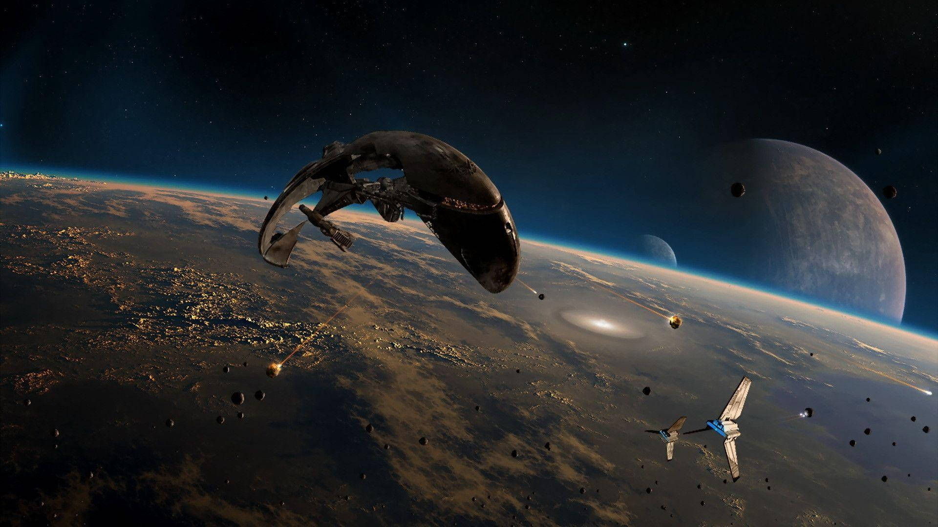 Stars 桌布 壁紙 — 一艘流線型太空船在星球發光的城市景觀上方滑行，月亮在星空下隱現。