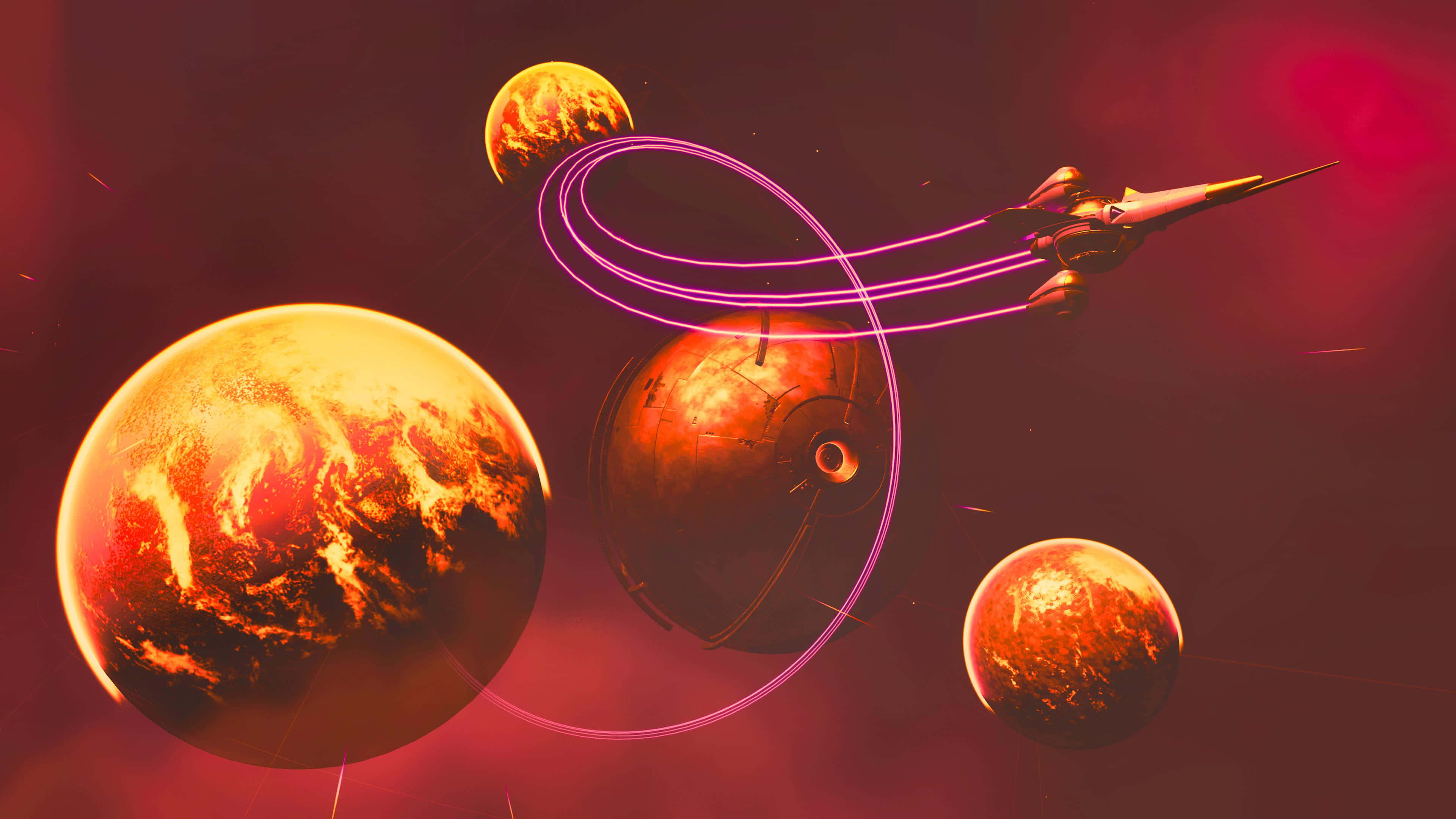 Celestial Bodies 桌布 壁紙 — 一艘流線型太空船在深紅宇宙虛空中飛越熾熱橙色行星之間，留下發光的紫色軌跡。