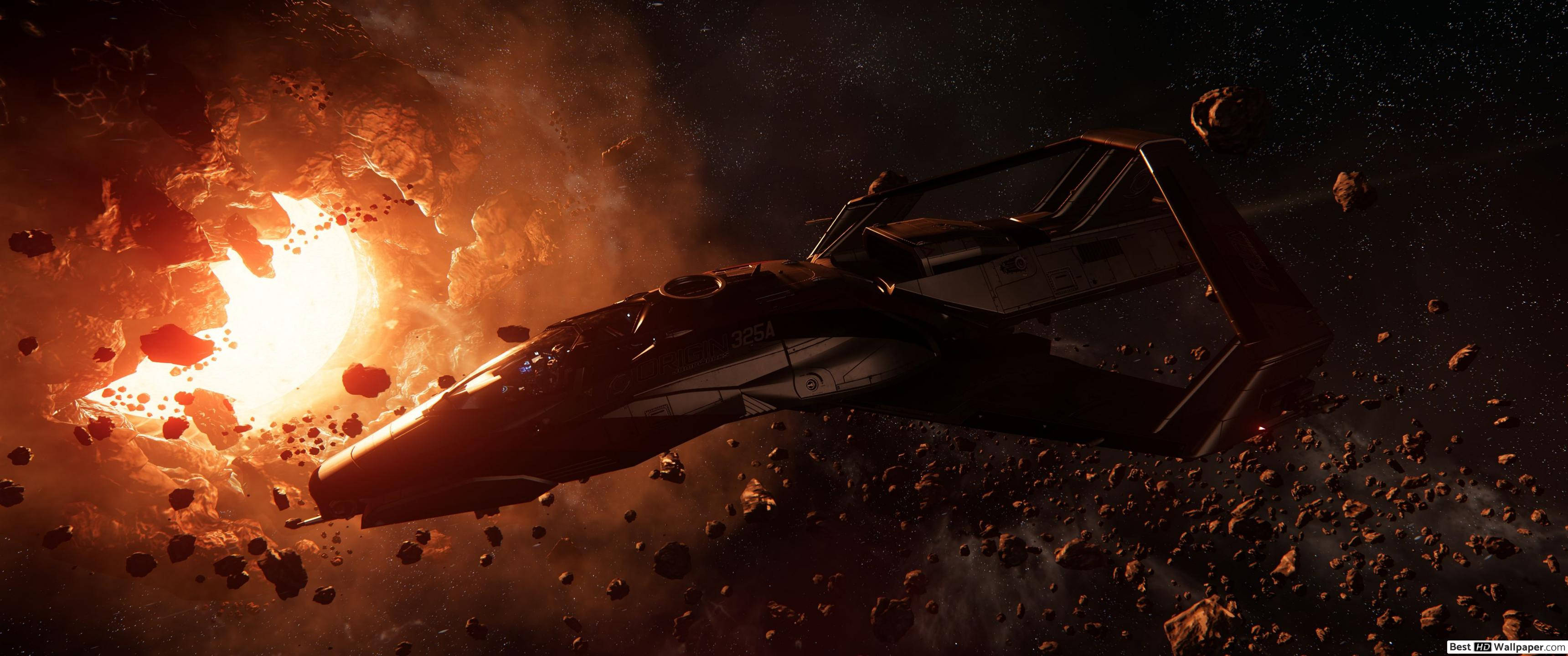 Star Citizen 桌布 壁紙 — 一艘流線型太空船在熾熱的小行星帶中航行，背後有發光的星爆。