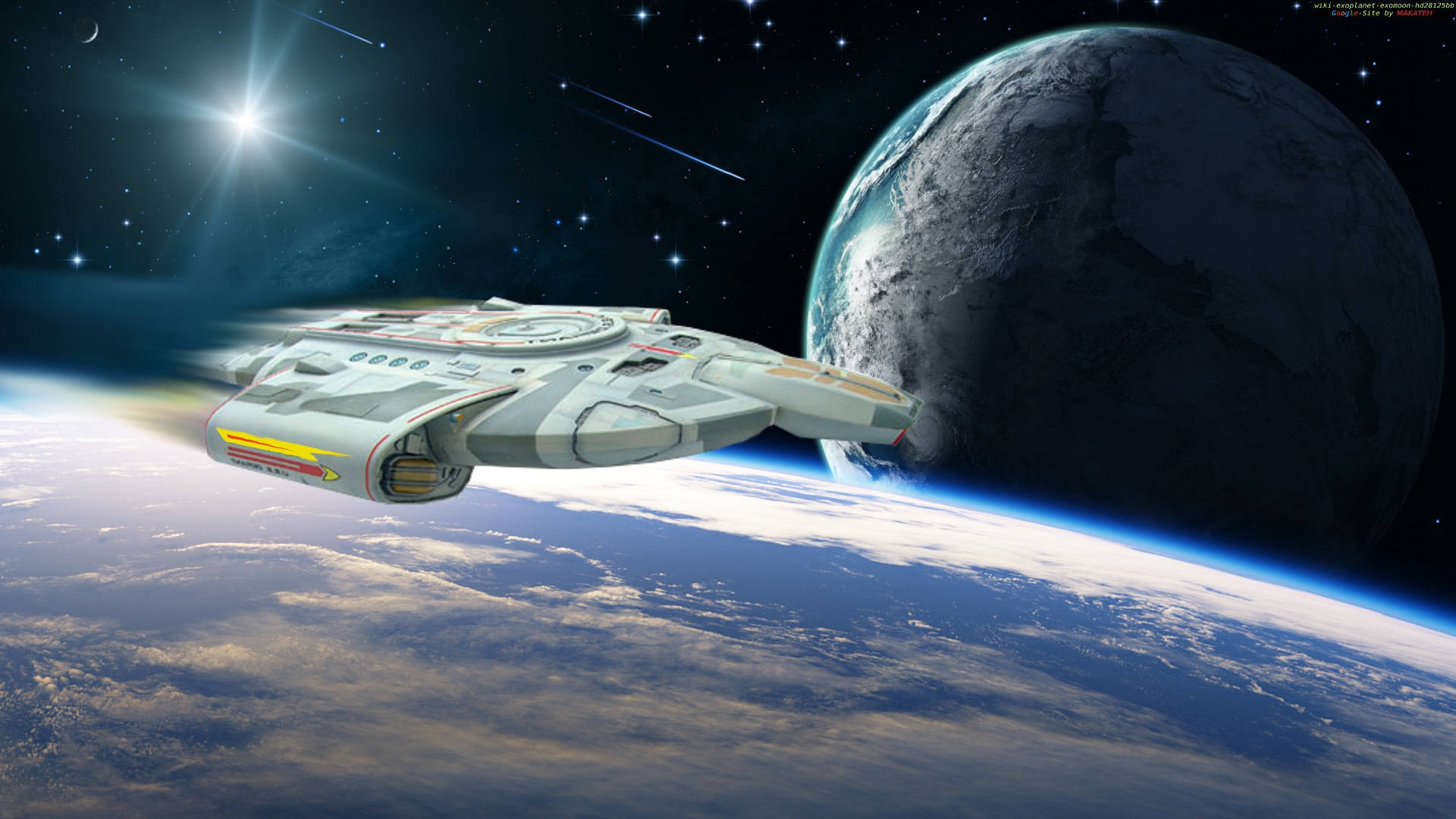 Starship 桌布 壁紙 — 一艘流線型太空船在繁星點點的天空下，掠過地球彎曲的地平線，遠處有明亮的太陽和月亮。