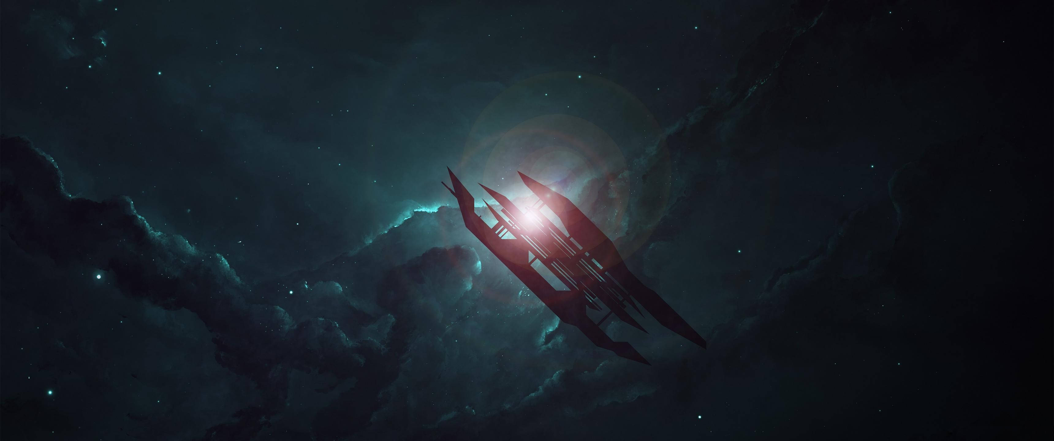 Spaceship 桌布 壁紙 — 一艘流線型太空船在閃爍的星星下，滑過散發著青綠色和黑色宇宙雲的星雲。