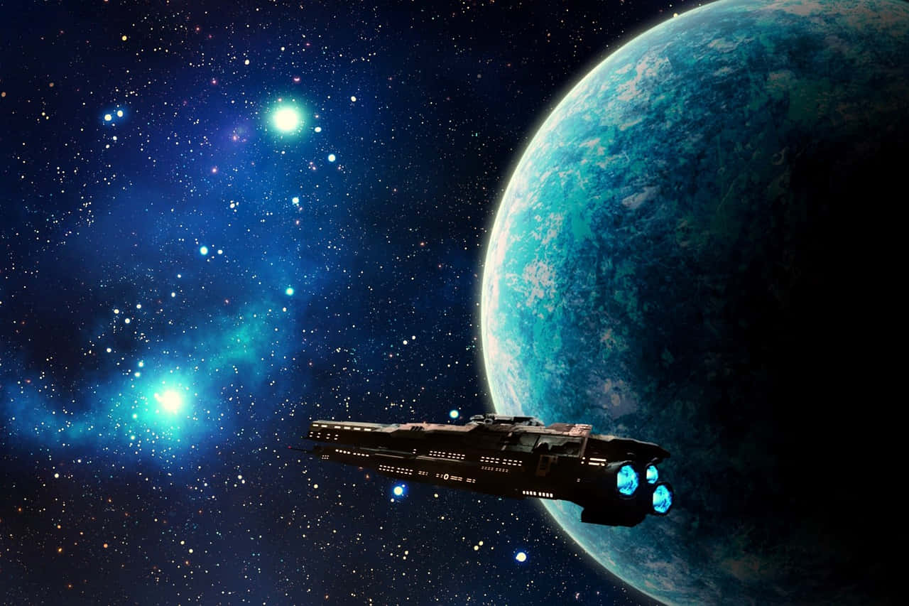 Space Colonization 桌布 壁紙 — 一艘流線型太空船在閃爍著藍綠色星雲的星空中，滑過一顆充滿活力的藍色行星。