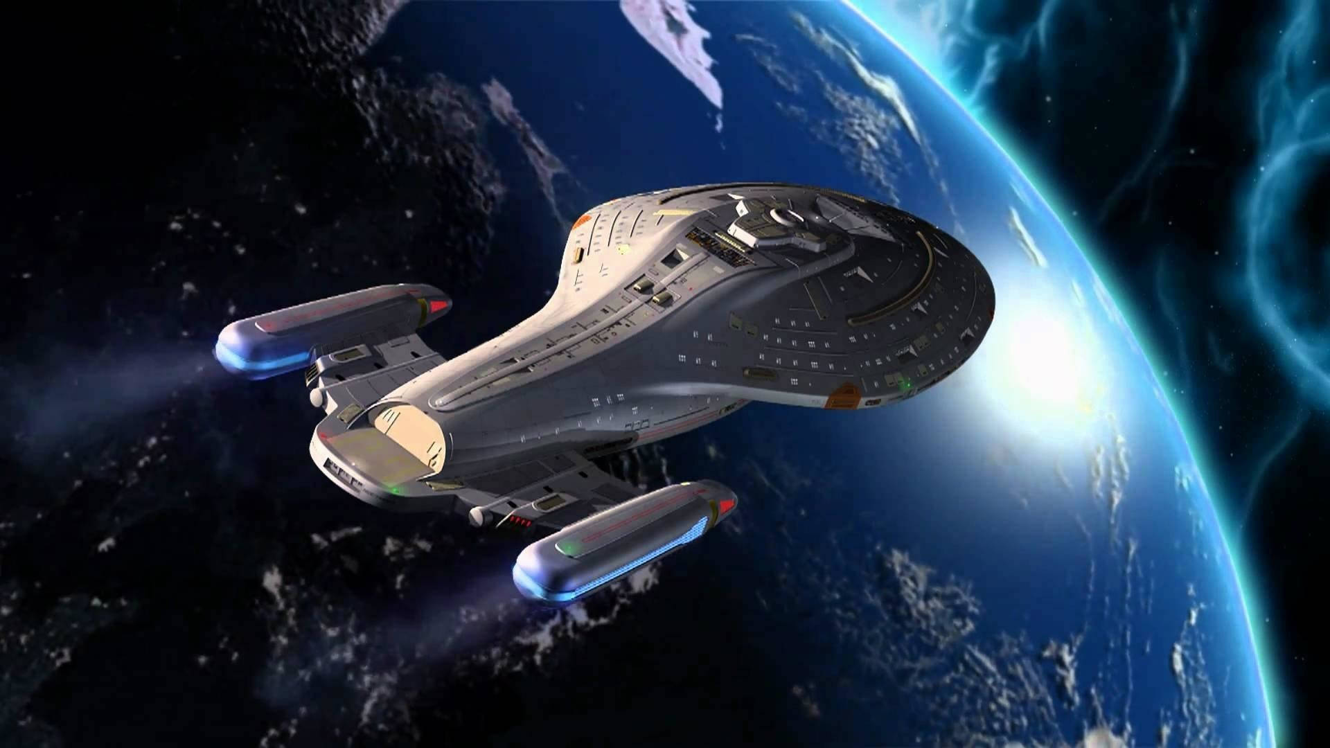 動態桌布 桌布 壁紙 — 一艘流線型星艦在宇宙虛空中滑過一個充滿活力的藍色星球，星球上有旋轉的雲層和發光的極光。